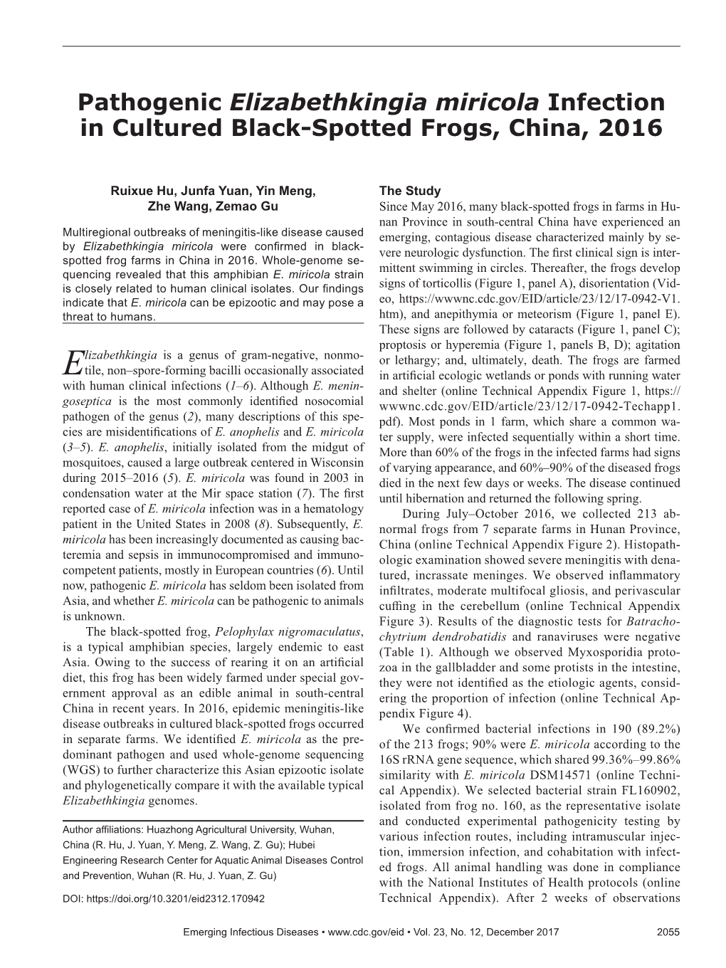 Pathogenic Elizabethkingia Miricola Infection in Cultured Black-Spotted Frogs, China, 2016