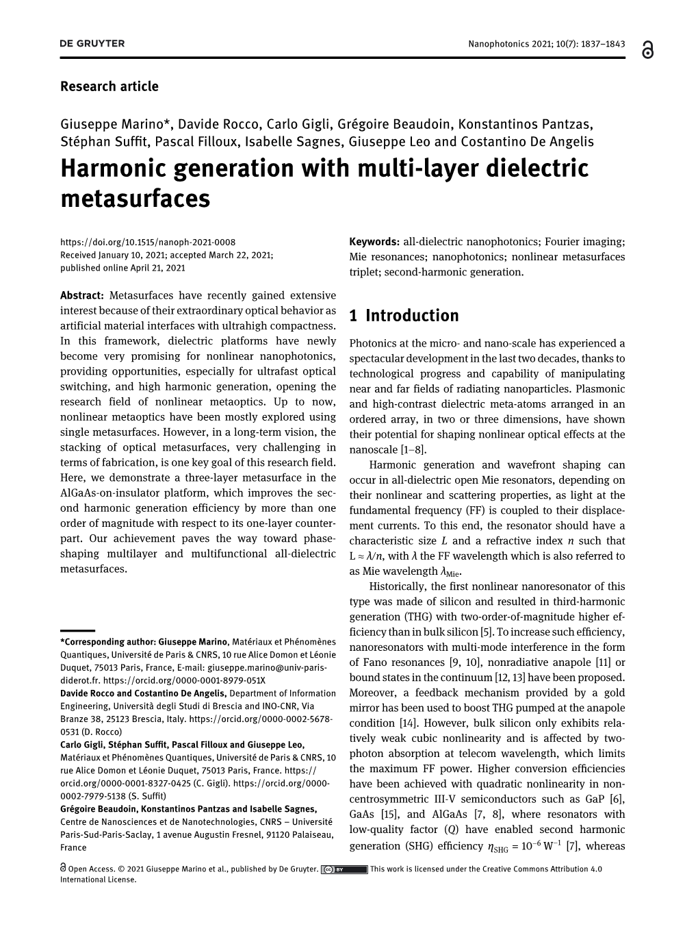 Harmonic Generation with Multi-Layer Dielectric Metasurfaces