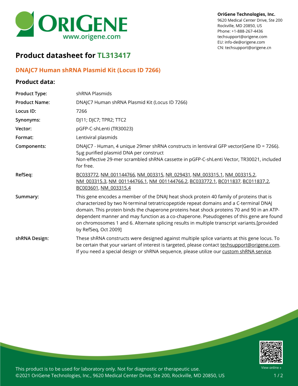 DNAJC7 Human Shrna Plasmid Kit (Locus ID 7266) Product Data