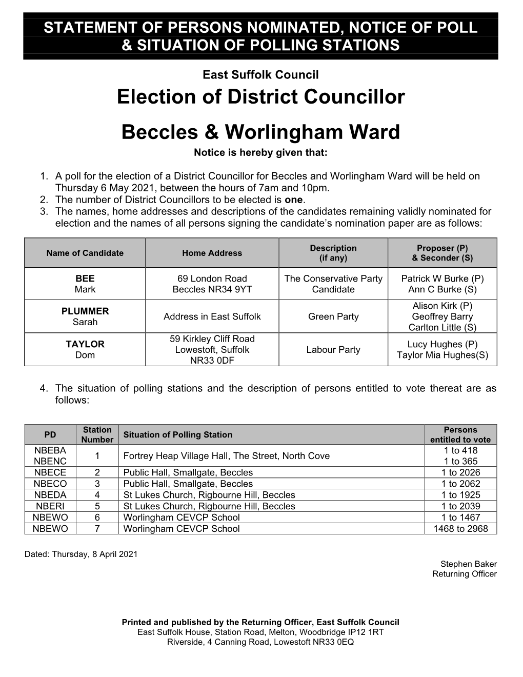 Election of District Councillor Beccles & Worlingham Ward