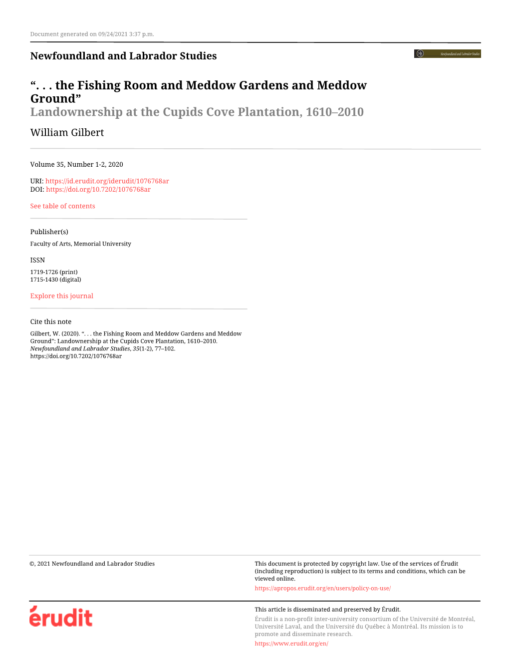 Landownership at the Cupids Cove Plantation, 1610–2010 William Gilbert