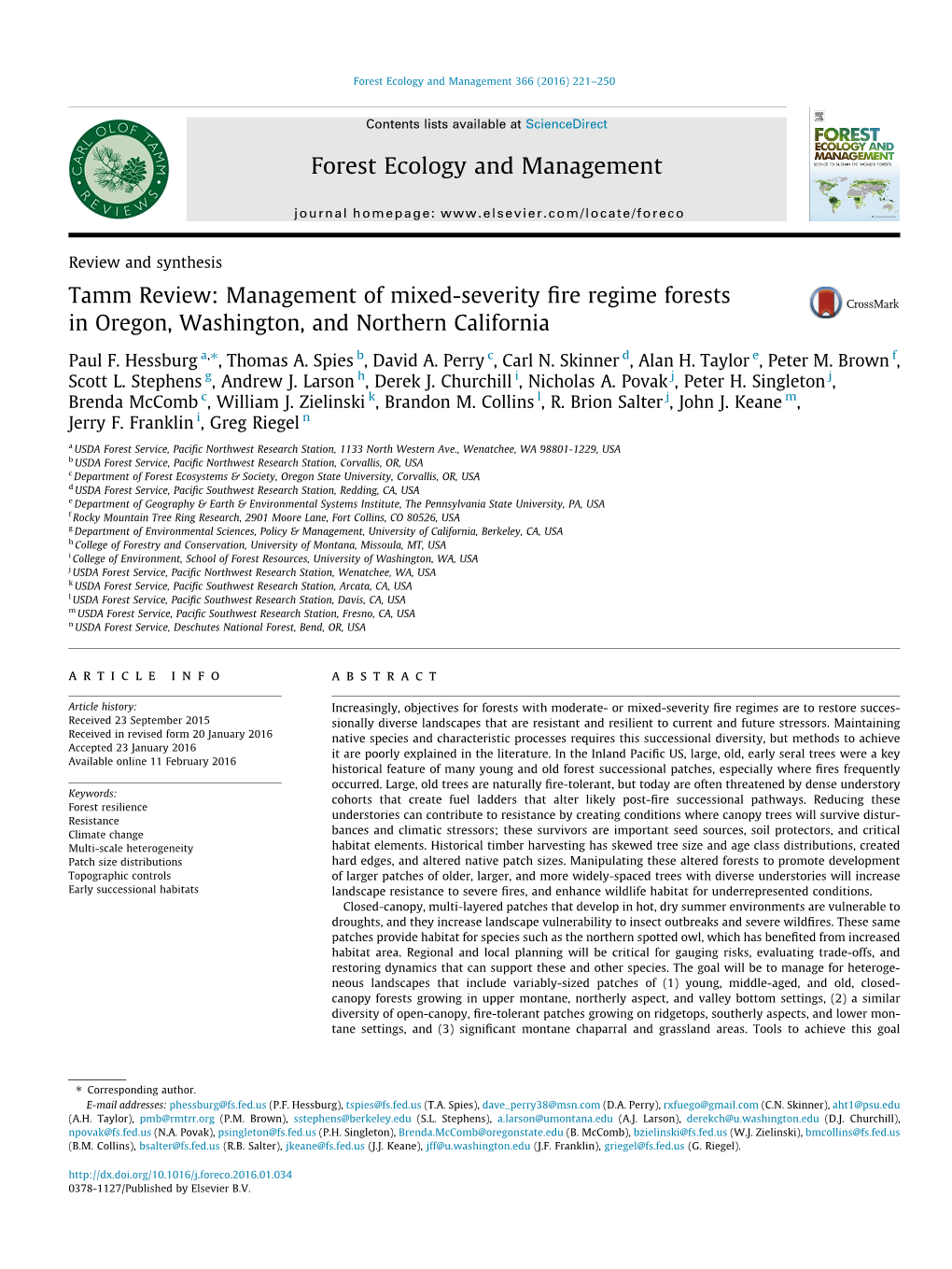 Tamm Review: Management of Mixed-Severity Fire Regime Forests in Oregon, Washington, and Northern California