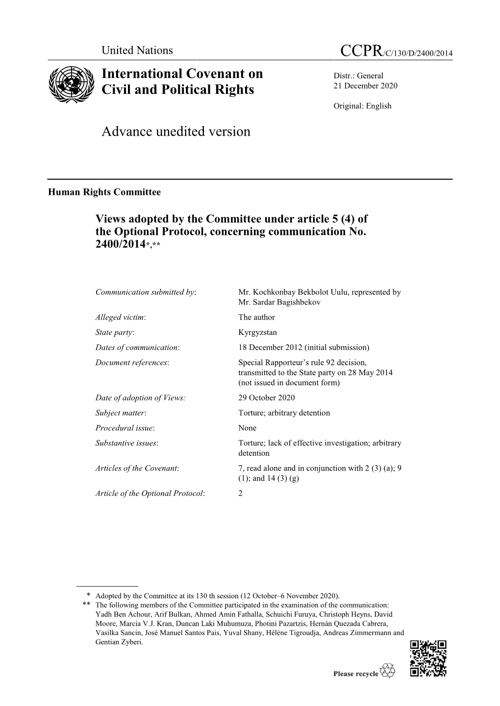 International Covenant on Civil and Political Rights Advance Unedited