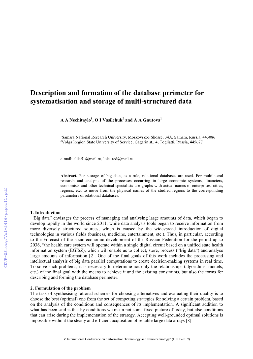 Description and Formation of the Database Perimeter for Systematisation and Storage of Multi-Structured Data