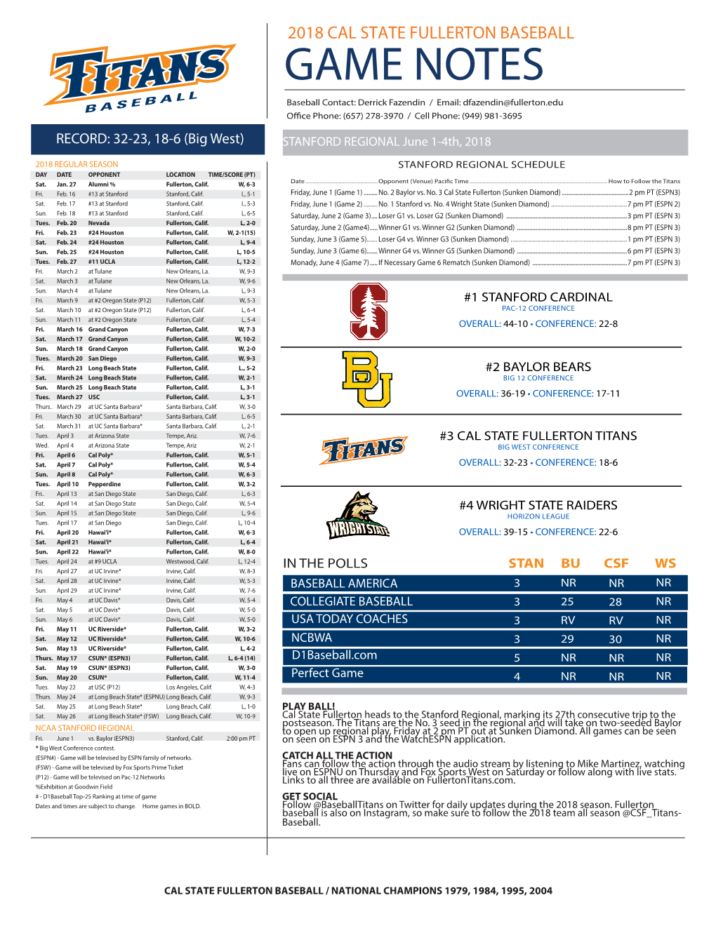 GAME NOTES Baseball Contact: Derrick Fazendin / Email: Dfazendin@Fullerton.Edu Office Phone: (657) 278-3970 / Cell Phone: (949) 981-3695