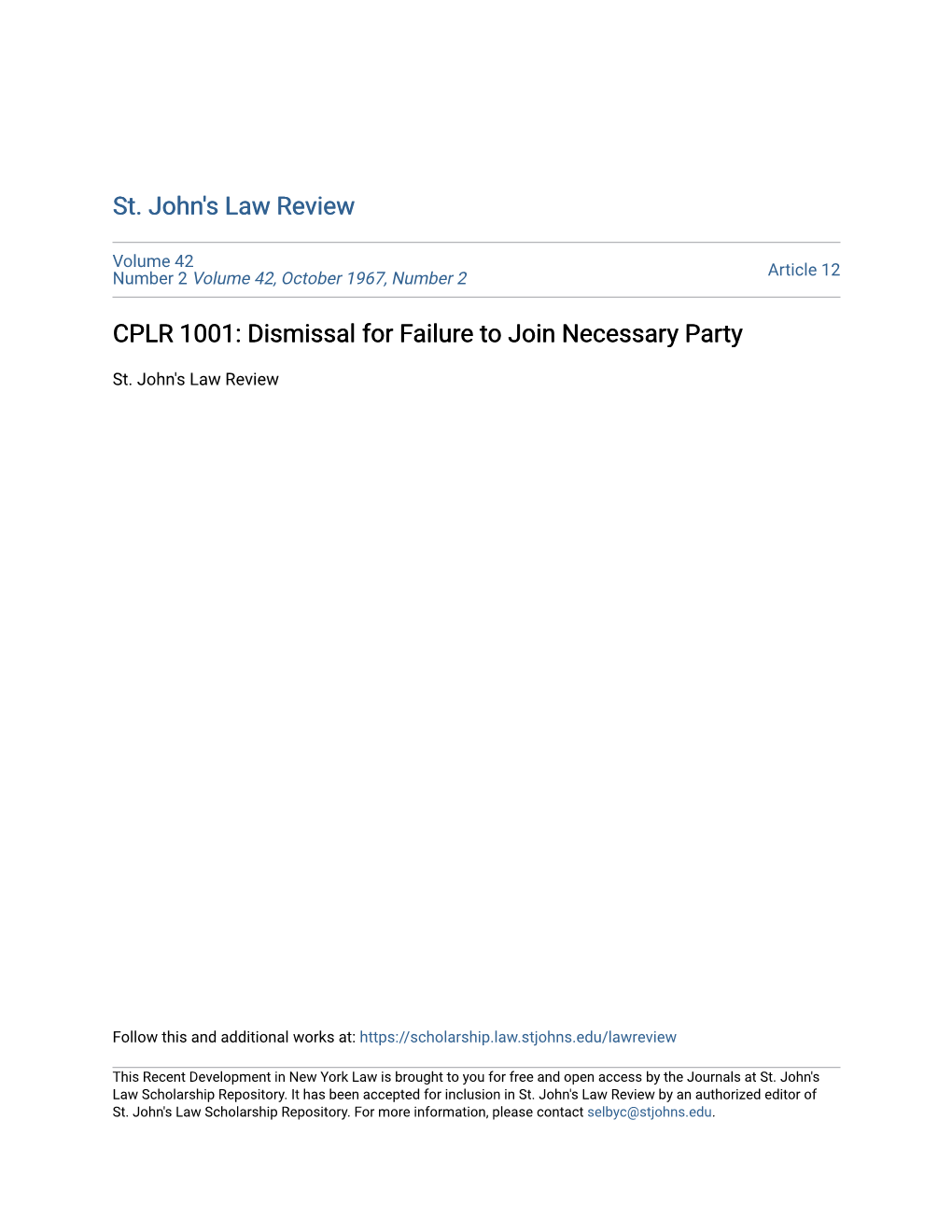 CPLR 1001: Dismissal for Failure to Join Necessary Party