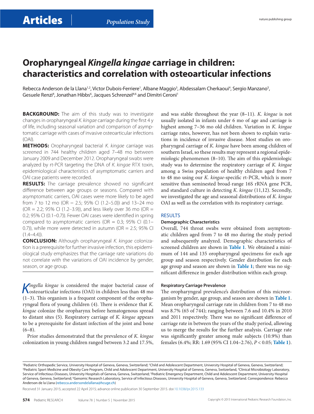 Kingella Kingae Carriage in Children: Characteristics and Correlation with Osteoarticular Infections