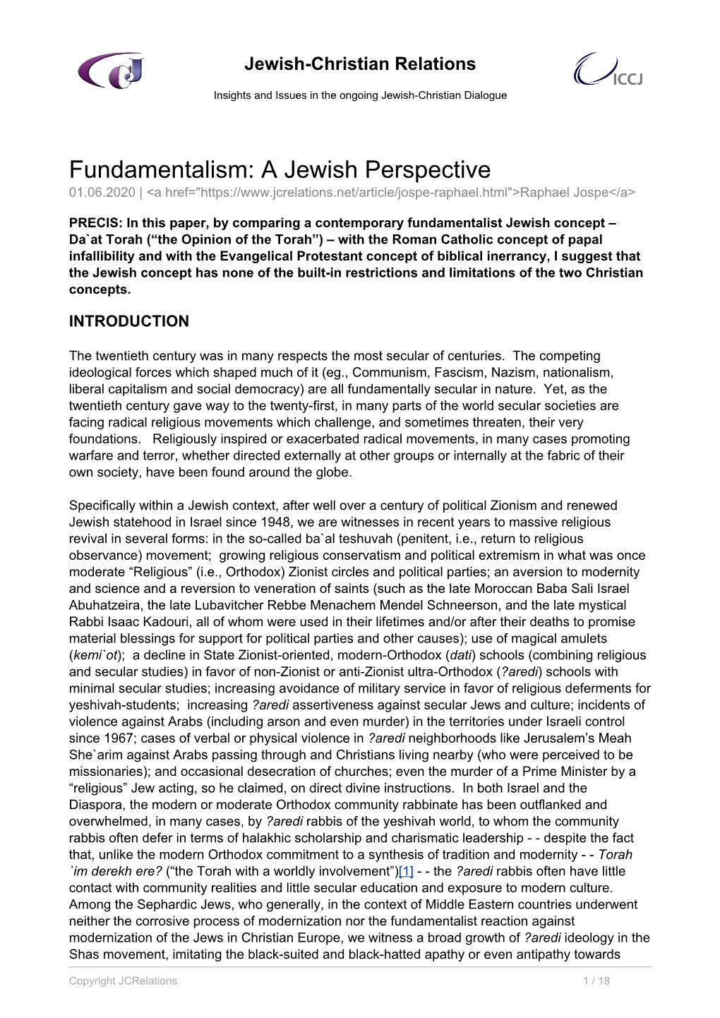 Fundamentalism: a Jewish Perspective