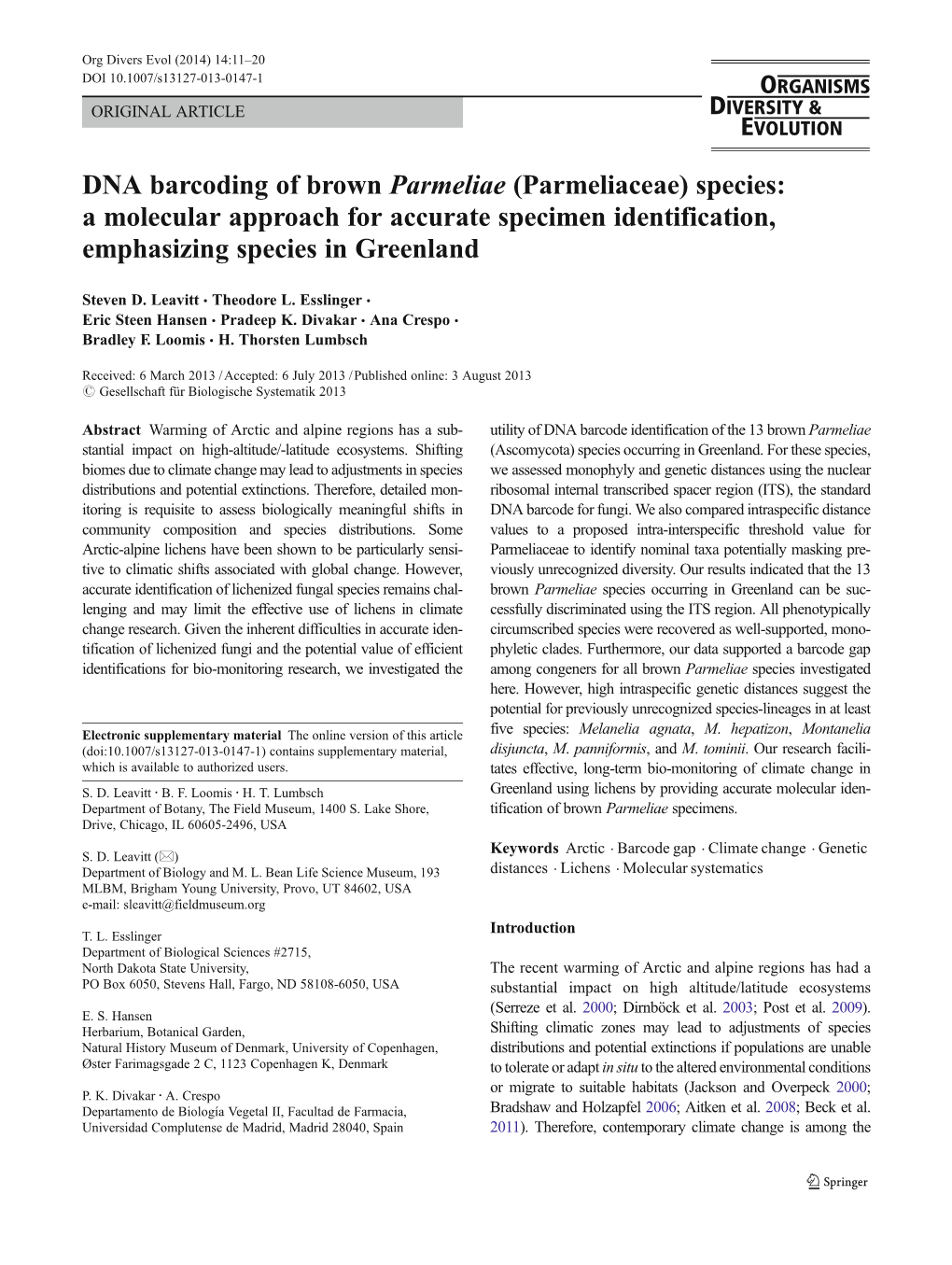 DNA Barcoding of Brown Parmeliae (Parmeliaceae) Species: a Molecular Approach for Accurate Specimen Identification, Emphasizing Species in Greenland