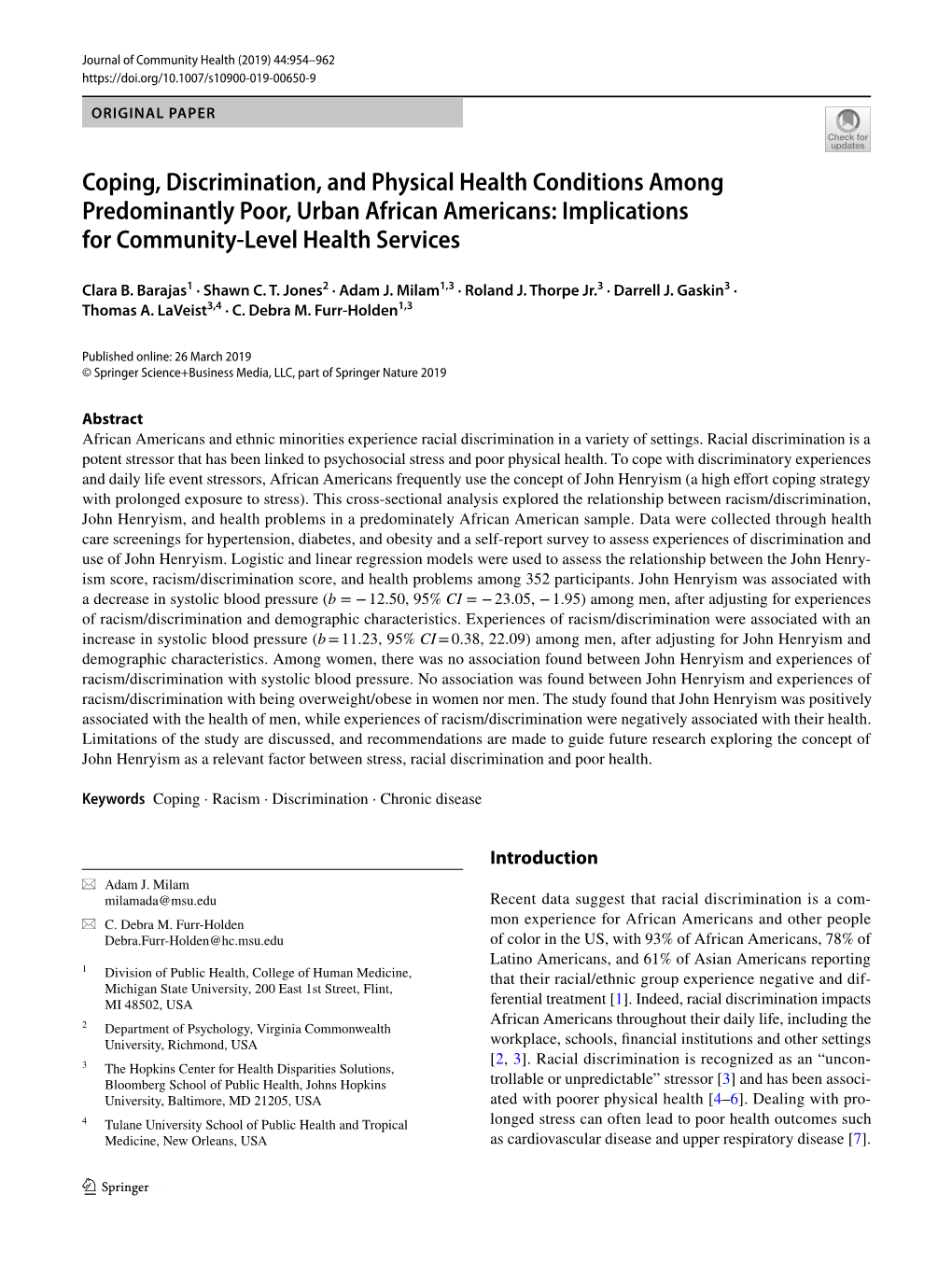 Coping, Discrimination, and Physical Health Conditions Among Predominantly Poor, Urban African Americans: Implications for Community-Level Health Services