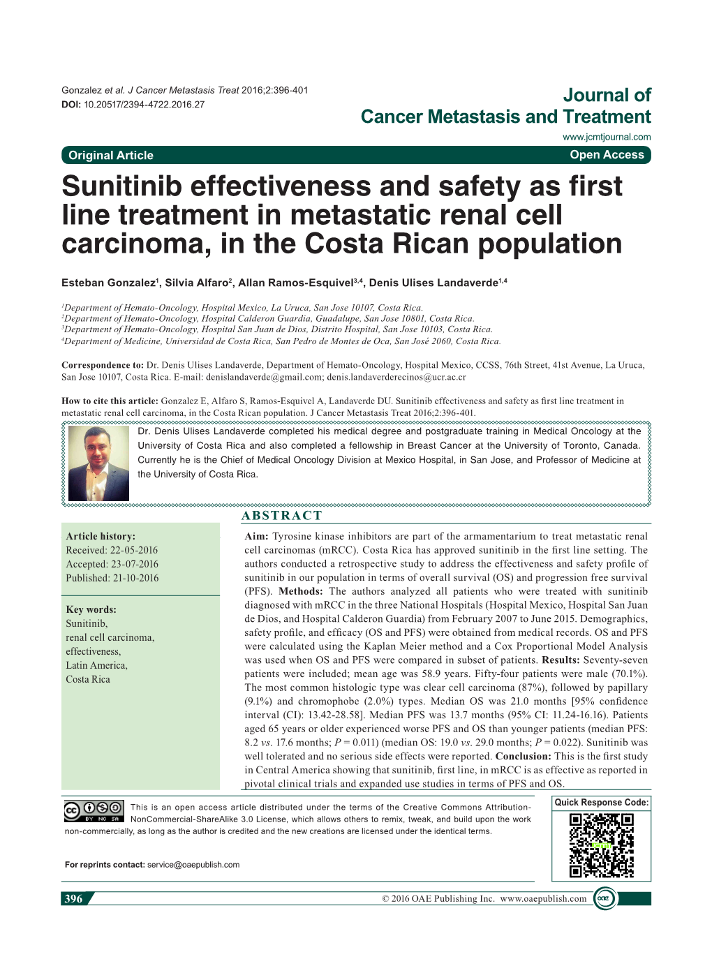 Sunitinib Effectiveness and Safety As First Line Treatment in Metastatic Renal Cell Carcinoma, in the Costa Rican Population