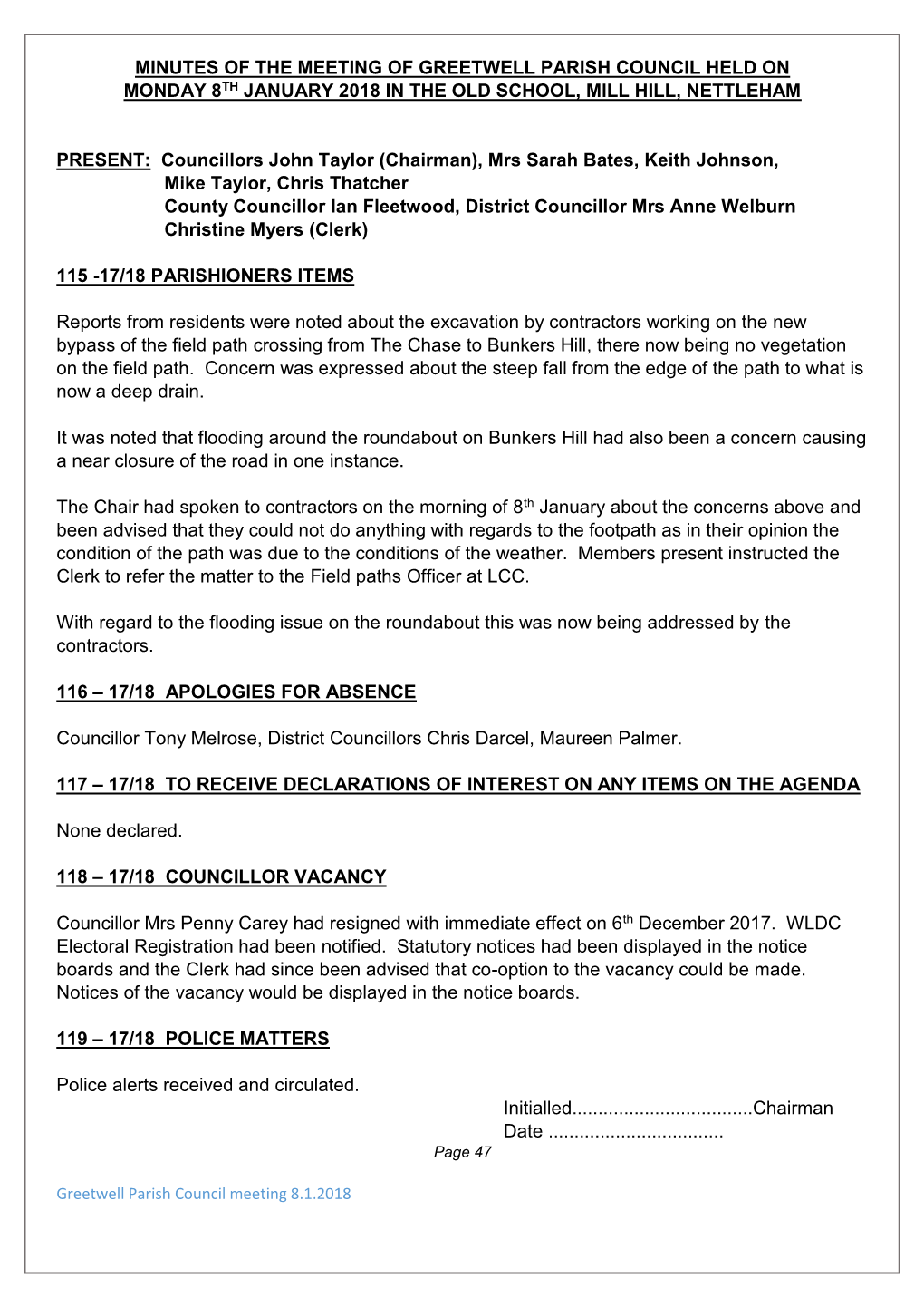 Minutes of the Meeting of Greetwell Parish Council Held on Monday 8Th January 2018 in the Old School, Mill Hill, Nettleham