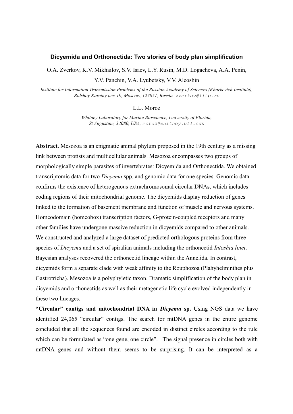 Dicyemida and Orthonectida: Two Stories of Body Plan Simplification