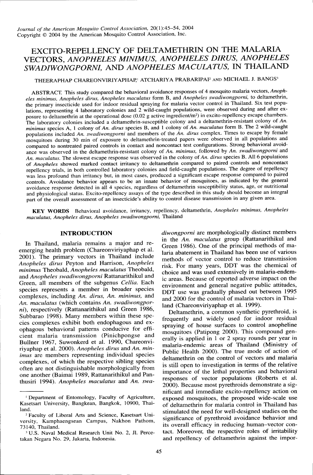 Excito-Repellency of Deltamethrin on the Malaria Vectors, Anopheles Minimus, Anopheles Dirus, Anopheles Swadiwongporni, and Anopheles Maculazus, in Thailand