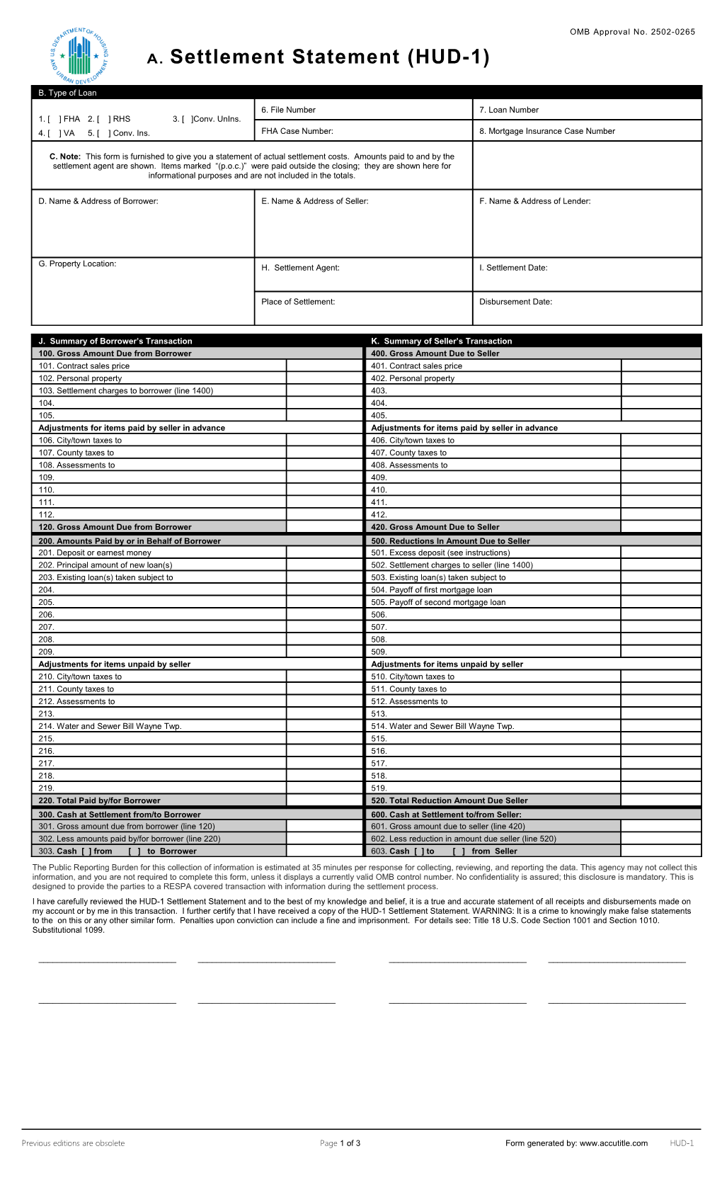 Hud-1 Uniform Settlement Statement