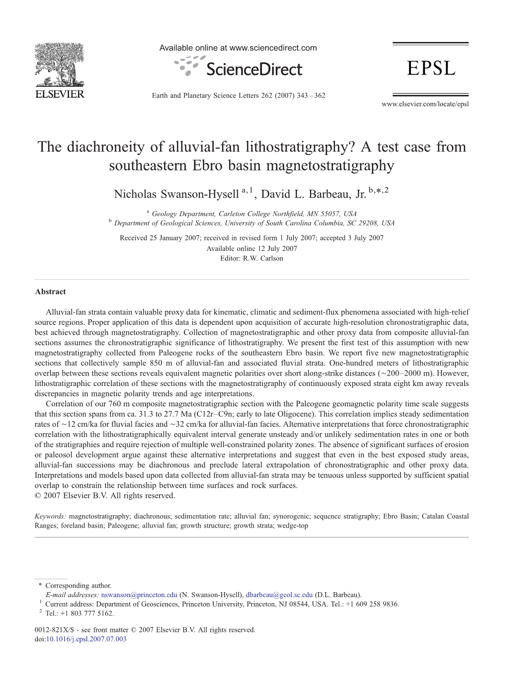 The Diachroneity of Alluvial-Fan Lithostratigraphy? a Test Case from Southeastern Ebro Basin Magnetostratigraphy ⁎ Nicholas Swanson-Hysell A,1, David L