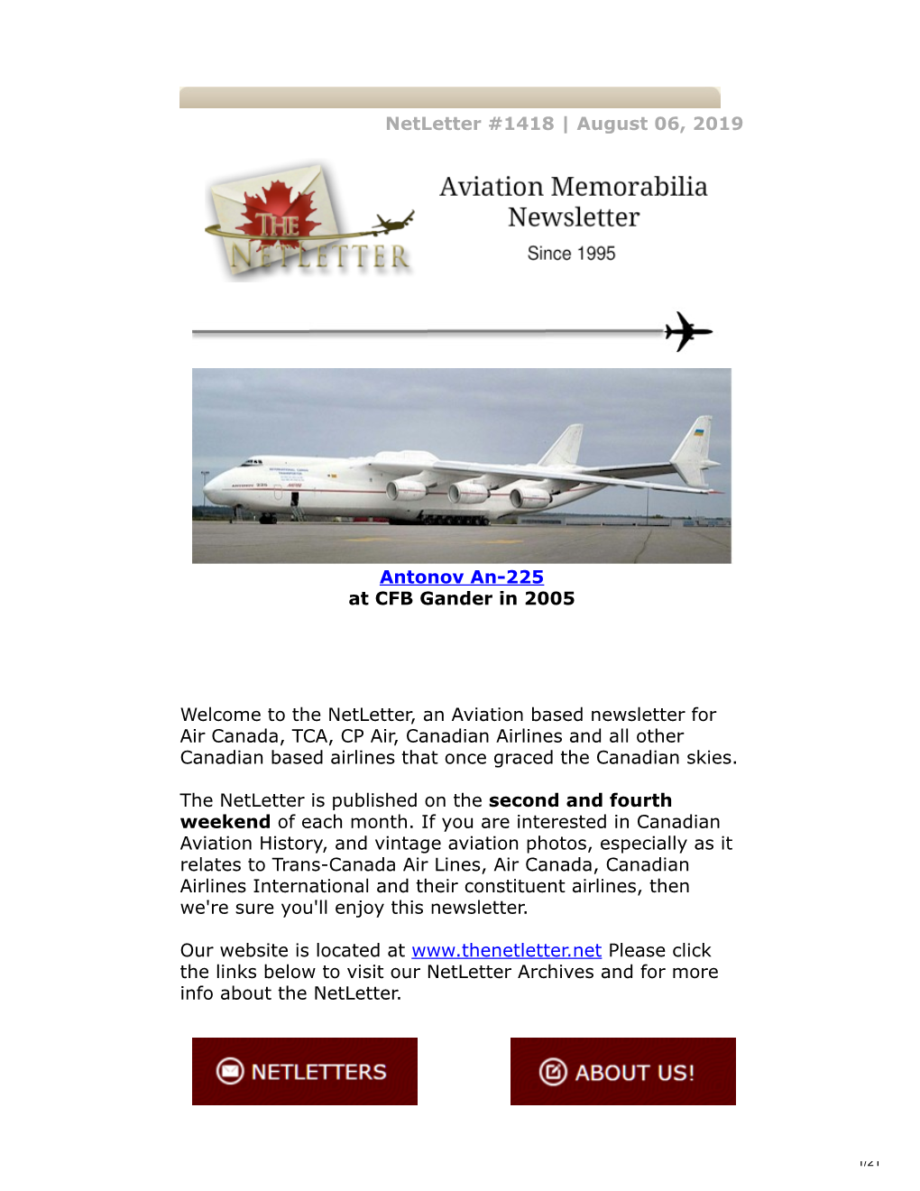 Netletter #1418 | August 06, 2019 Antonov An-225 at CFB Gander In