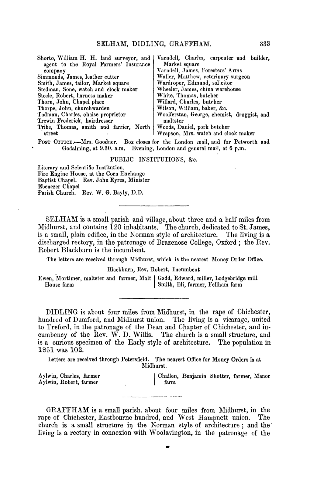 SELHAM, DIDLING, GRAFFHAM. 1851 Was 102.