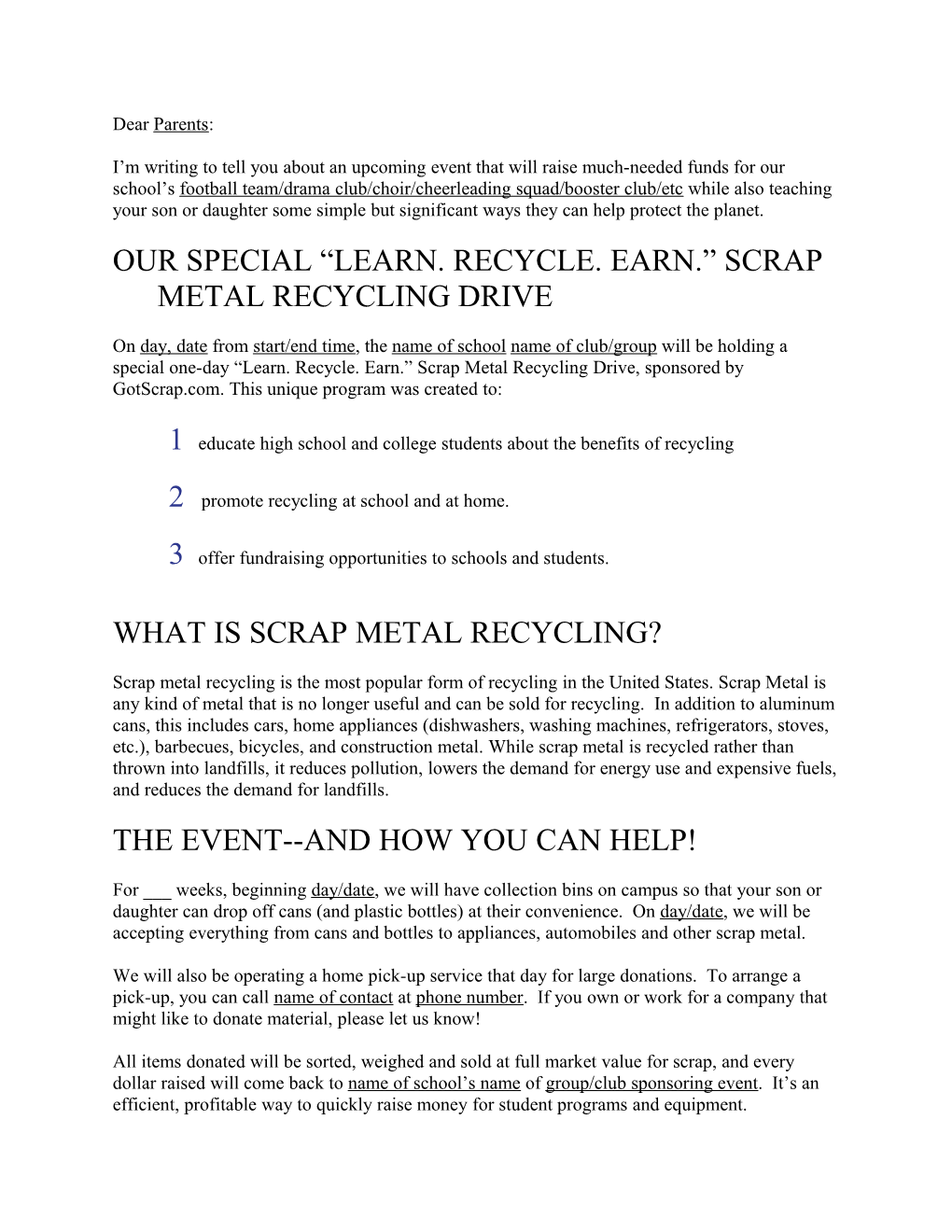 Our Special Learn. Recycle. Earn. Scrap Metal Recycling Drive