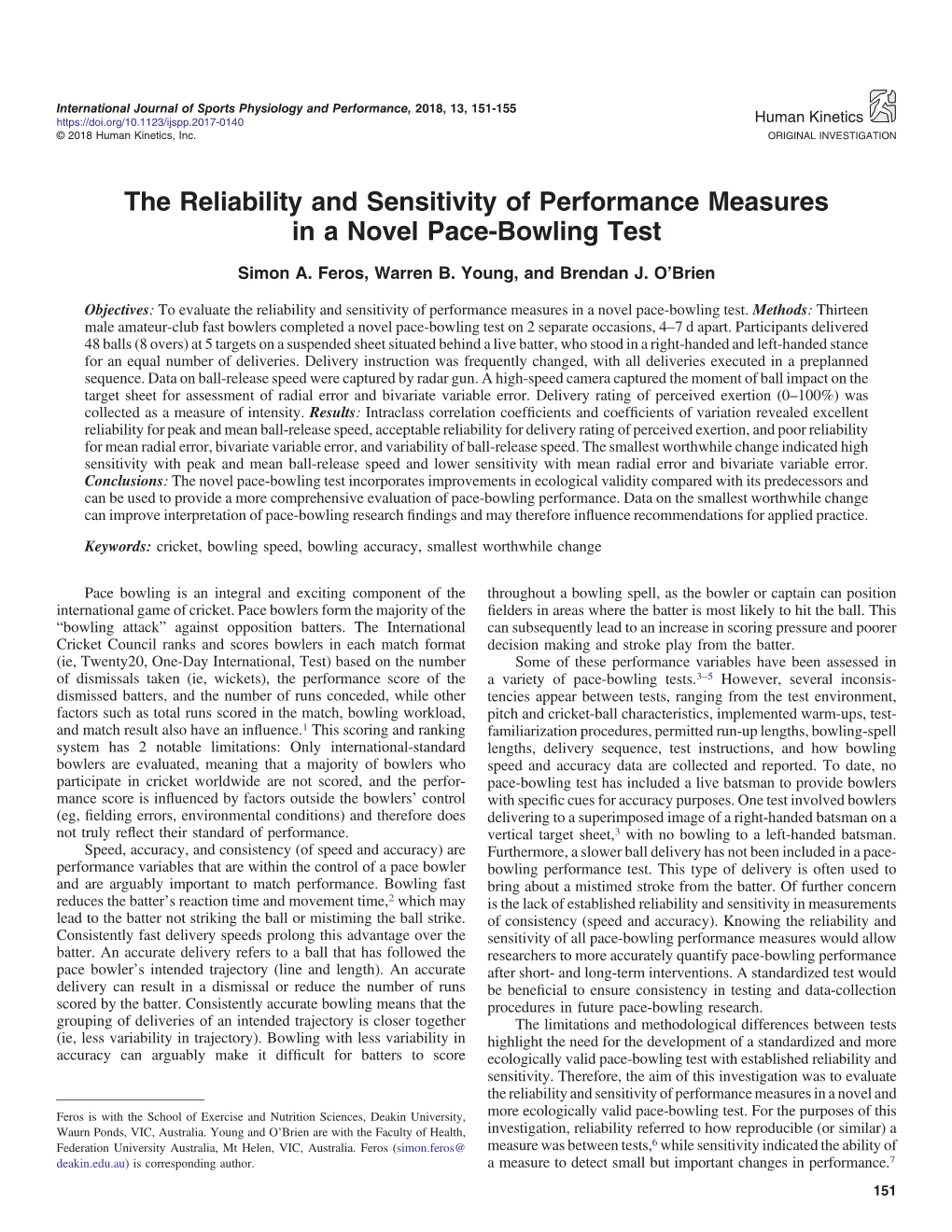 The Reliability and Sensitivity of Performance Measures in a Novel Pace-Bowling Test