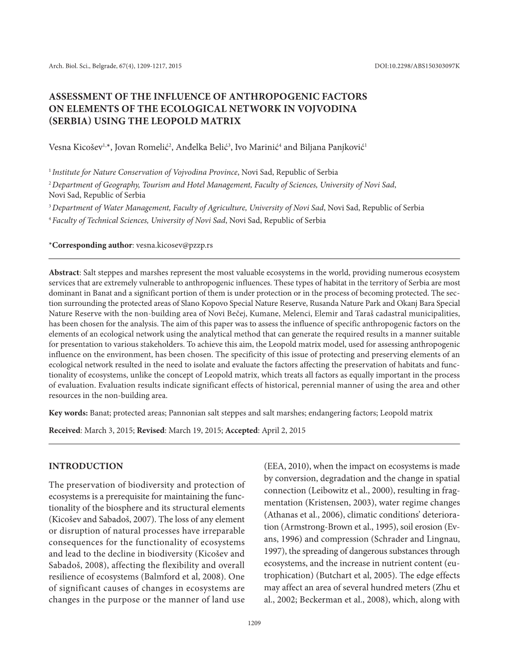 Assessment of the Influence of Anthropogenic Factors on Elements of the Ecological Network in Vojvodina (Serbia) Using the Leopold Matrix