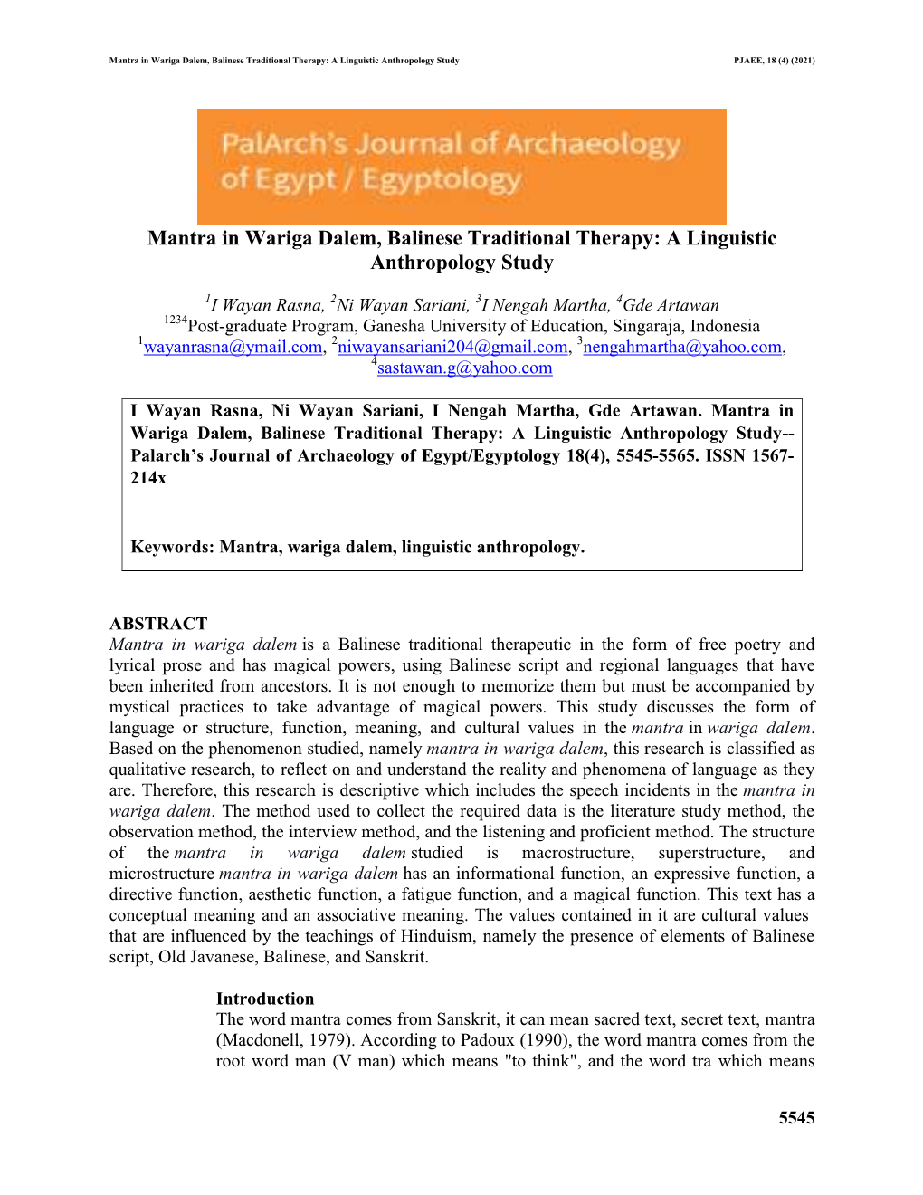 Mantra in Wariga Dalem, Balinese Traditional Therapy: a Linguistic Anthropology Study PJAEE, 18 (4) (2021)