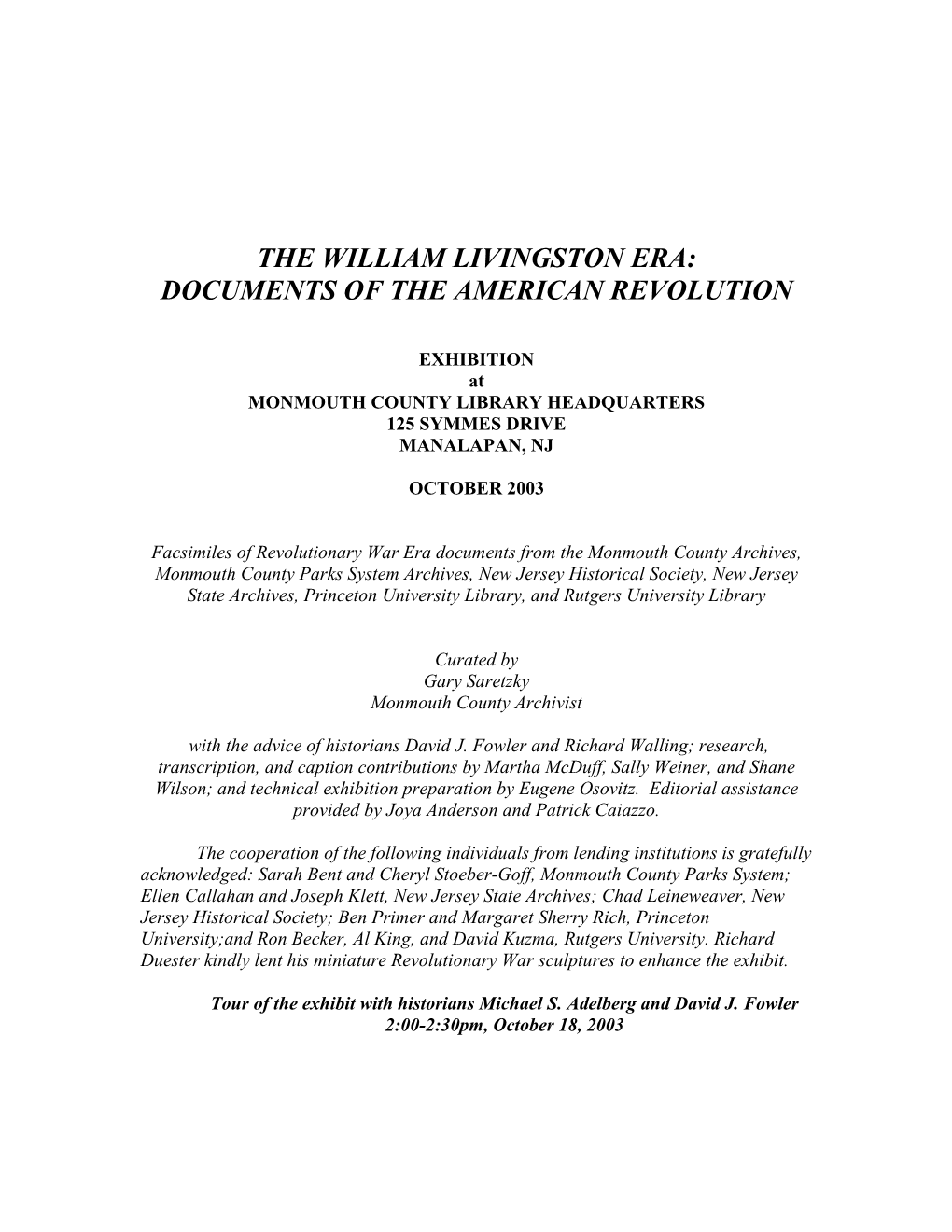 The William Livingston Era: Documents of the American Revolution