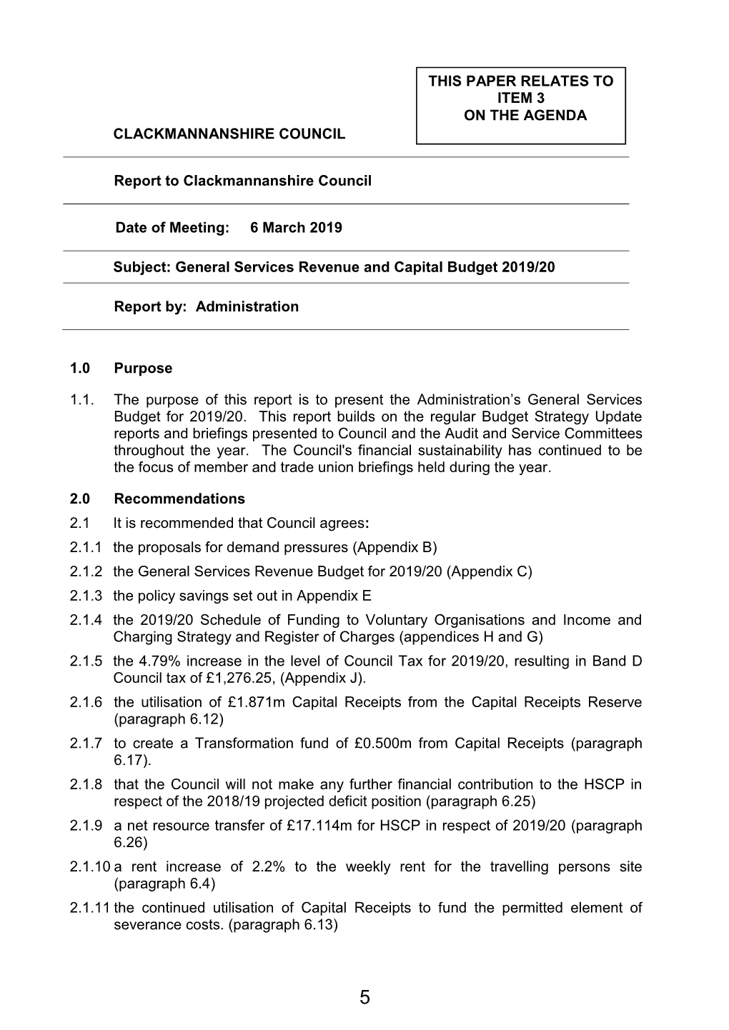 General Services Revenue and Capital Budget 2019/20