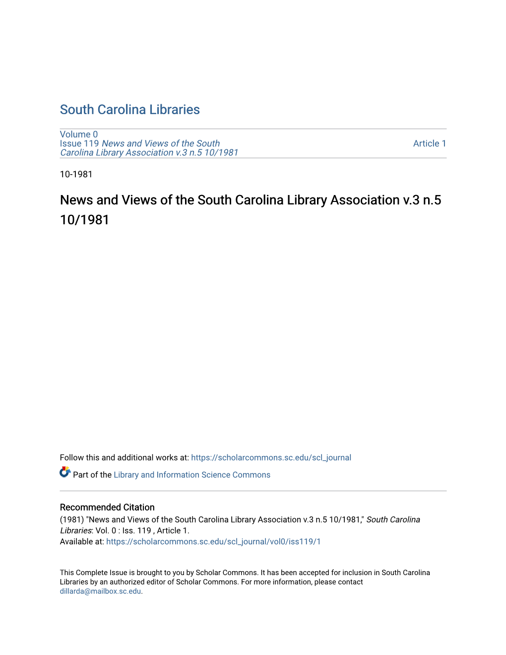 News and Views of the South Carolina Library Association V.3 N.5 10/1981
