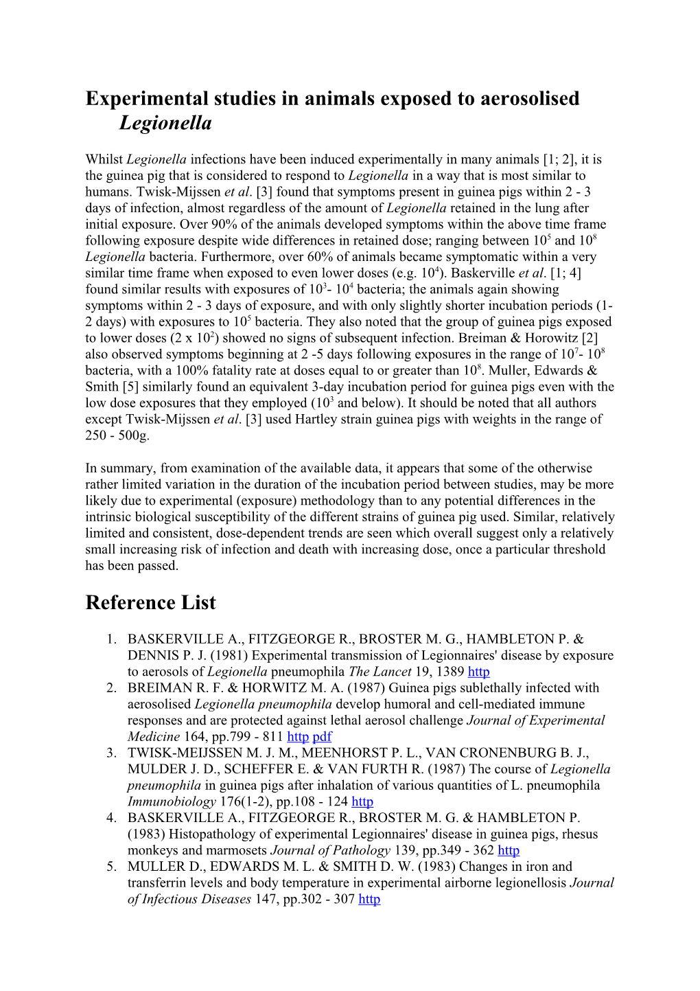 Experimental Studies in Animals Exposed to Aerosolised Legionella