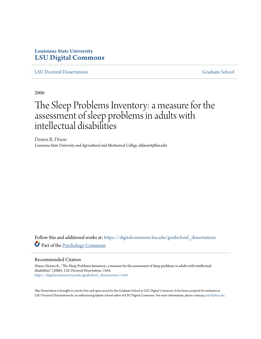 A Measure for the Assessment of Sleep Problems in Adults with Intellectual Disabilities Dennis R