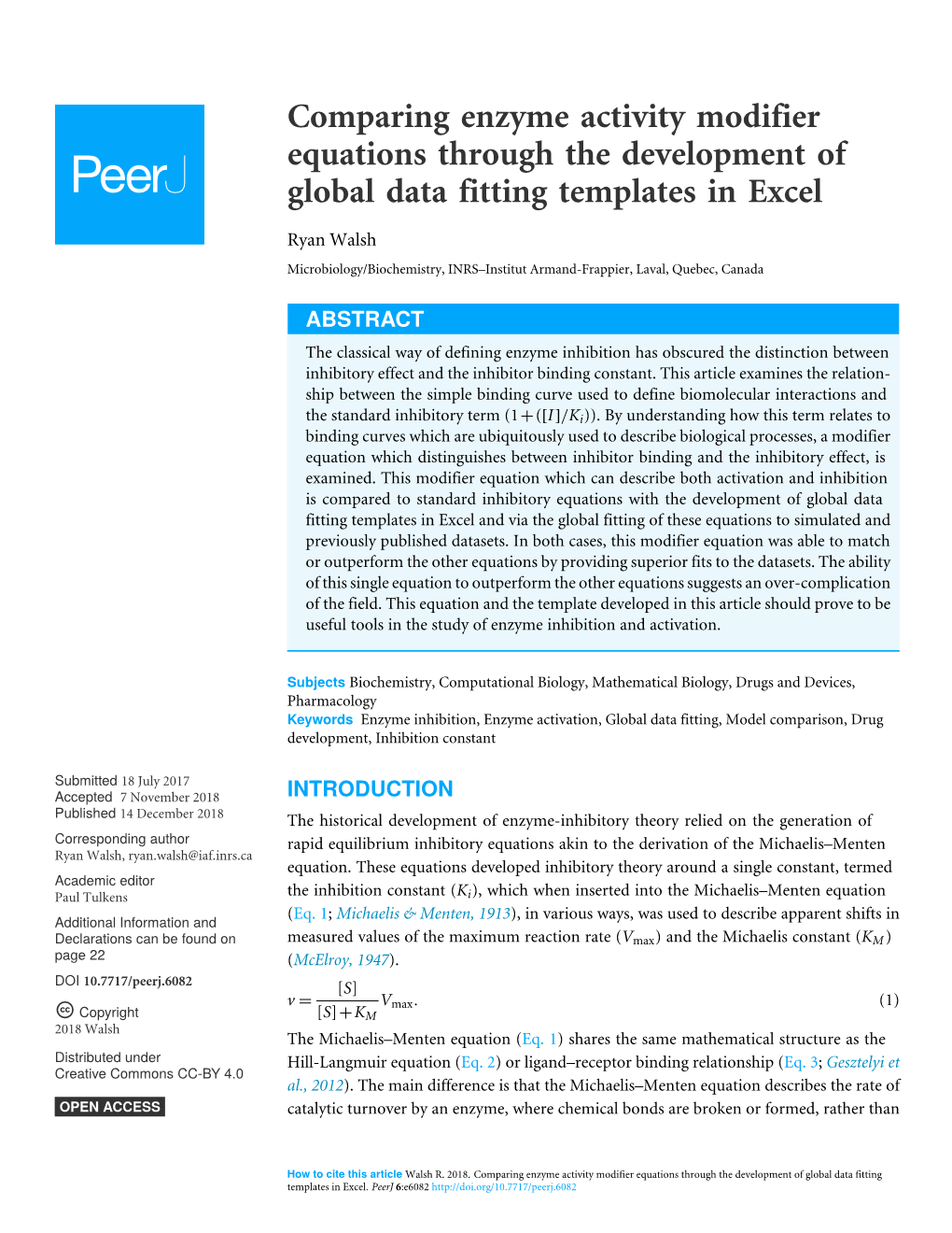 Comparing Enzyme Activity Modifier Equations Through the Development of Global Data Fitting Templates in Excel