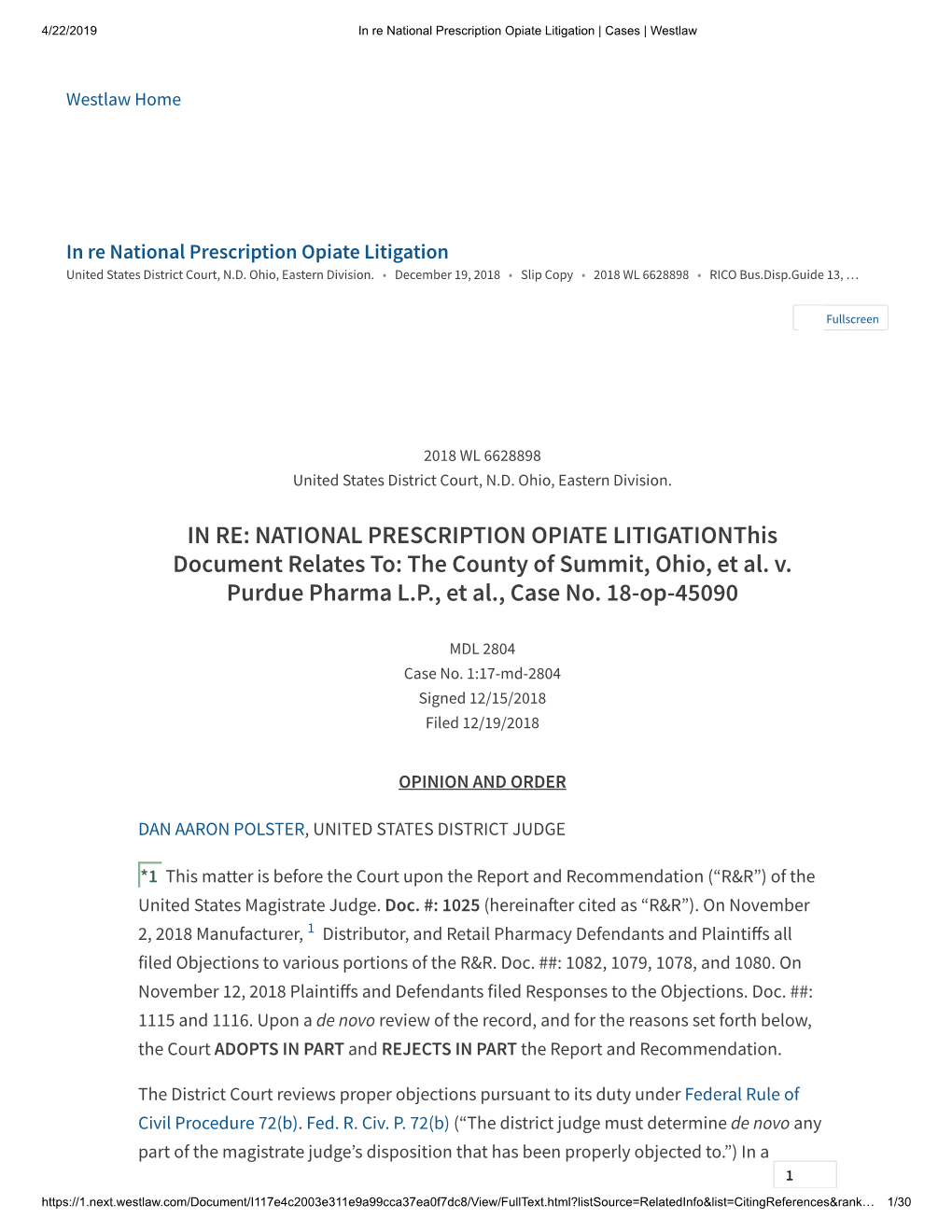 IN RE: NATIONAL PRESCRIPTION OPIATE Litigationthis Document Relates To: the County of Summit, Ohio, Et Al. V. Purdue Pharma L.P., Et Al., Case No