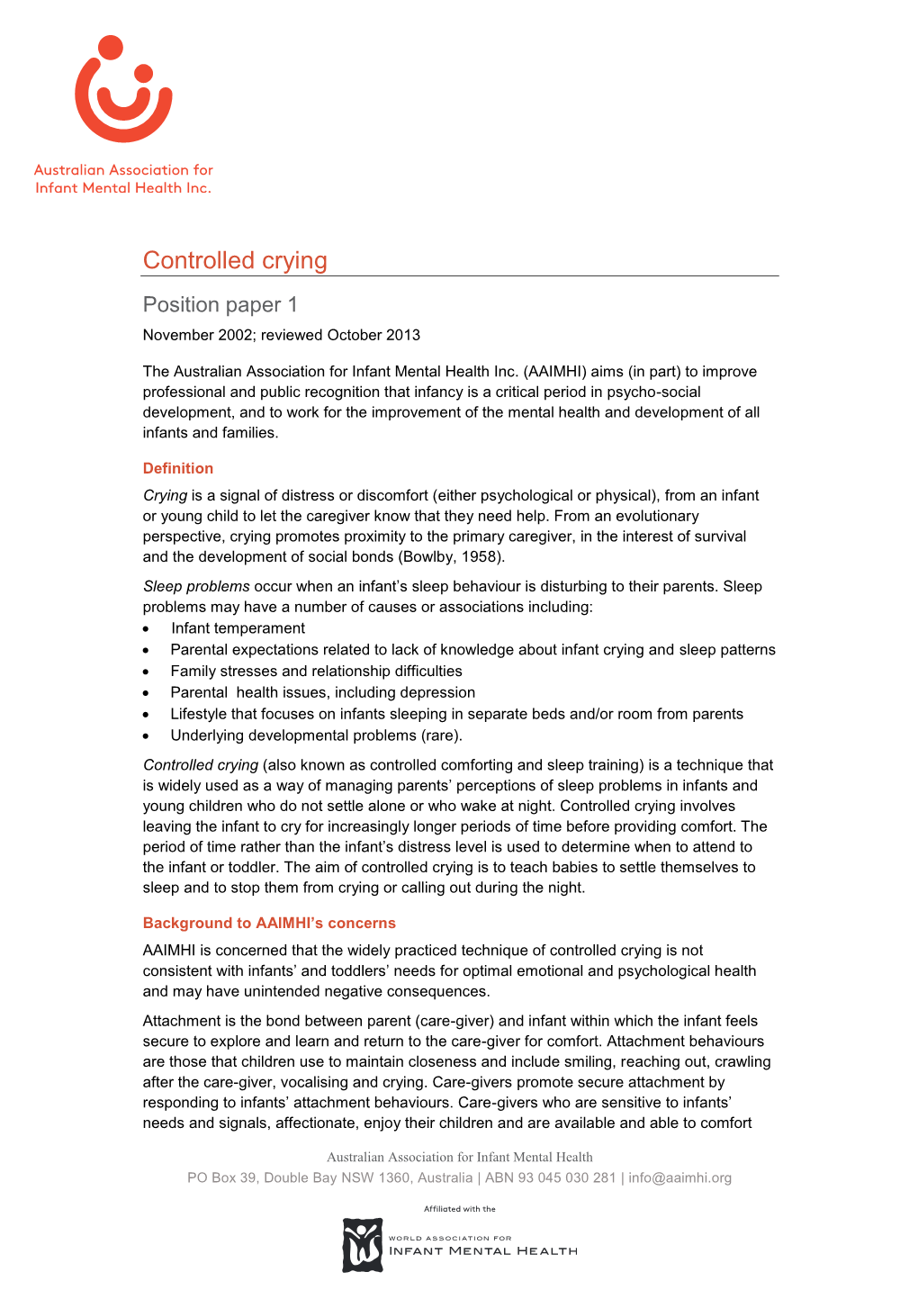 Controlled Crying Position Paper 1 November 2002; Reviewed October 2013