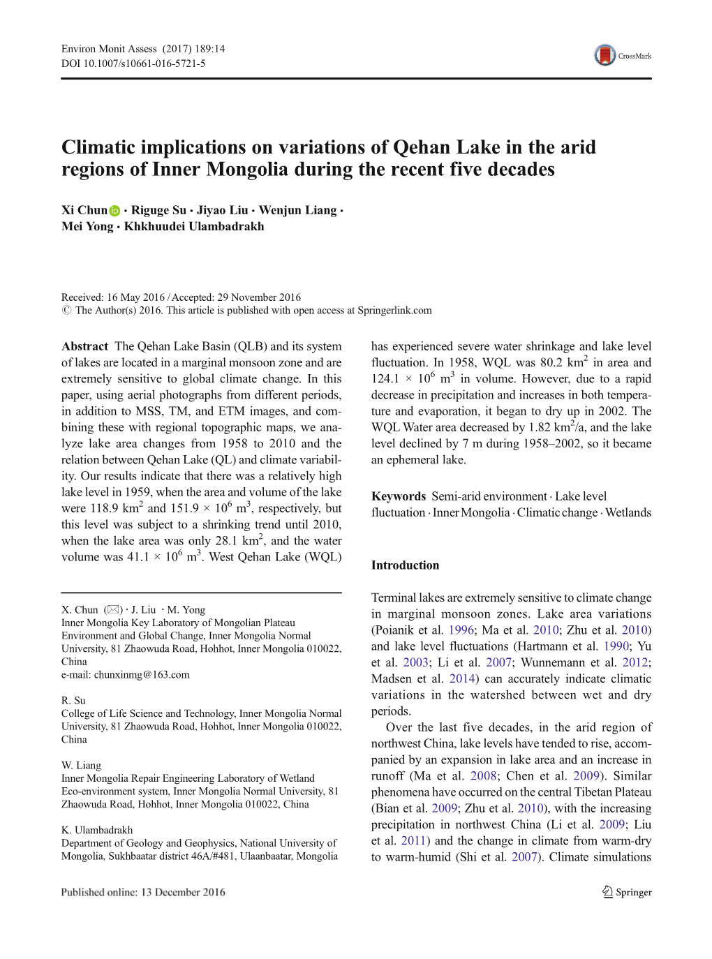 Climatic Implications on Variations of Qehan Lake in the Arid Regions of Inner Mongolia During the Recent Five Decades