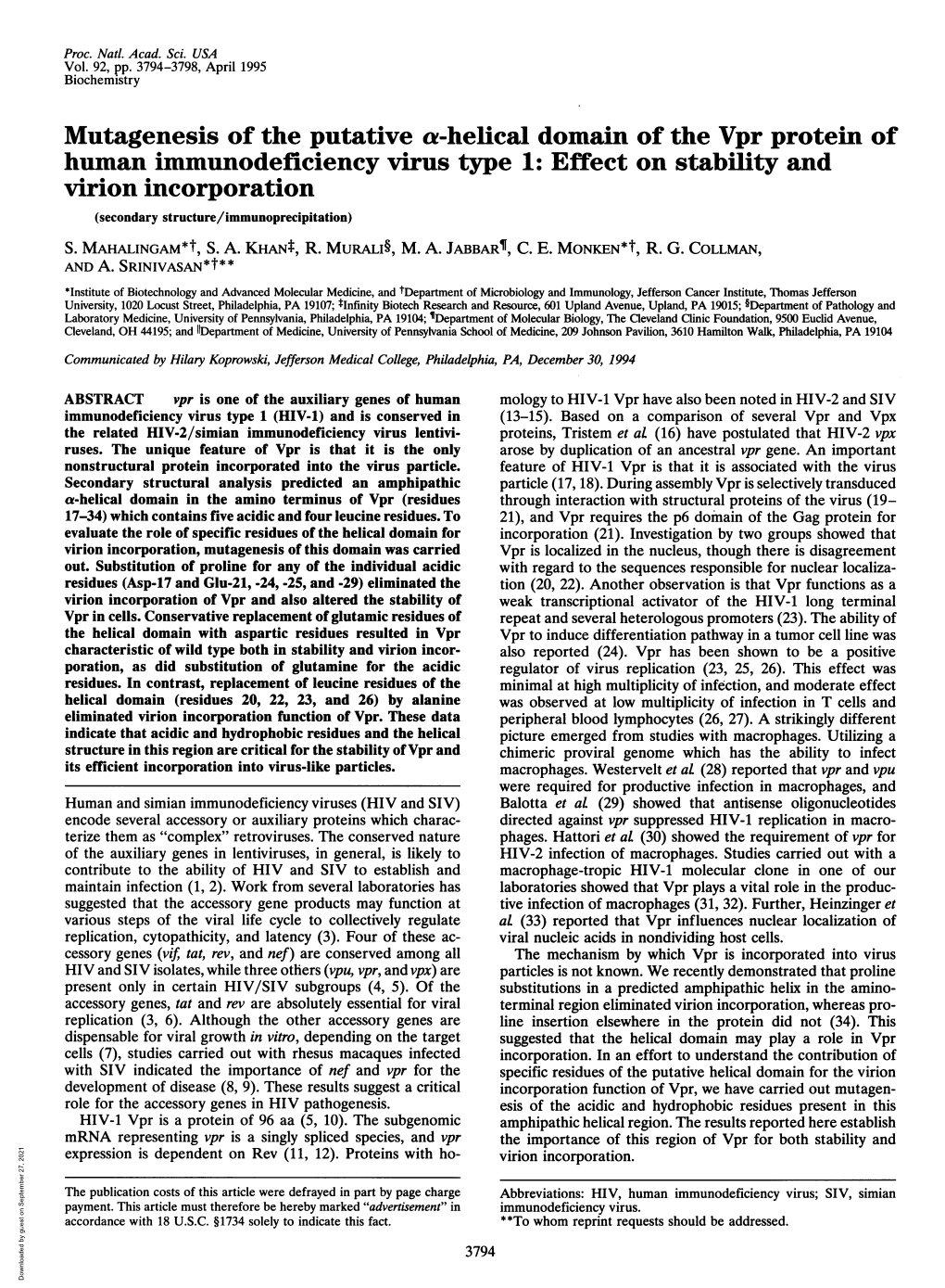 Virion Incorporation (Secondary Structure/Immunoprecipitation) S