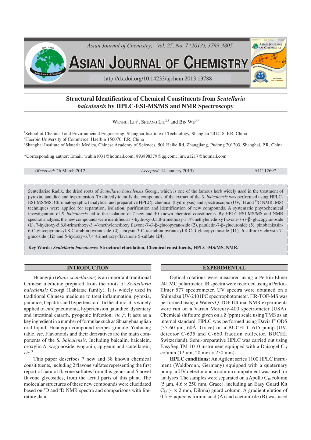 Structural Identification of Chemical Constituents from Scutellaria Baicalensis by HPLC-ESI-MS/MS and NMR Spectroscopy