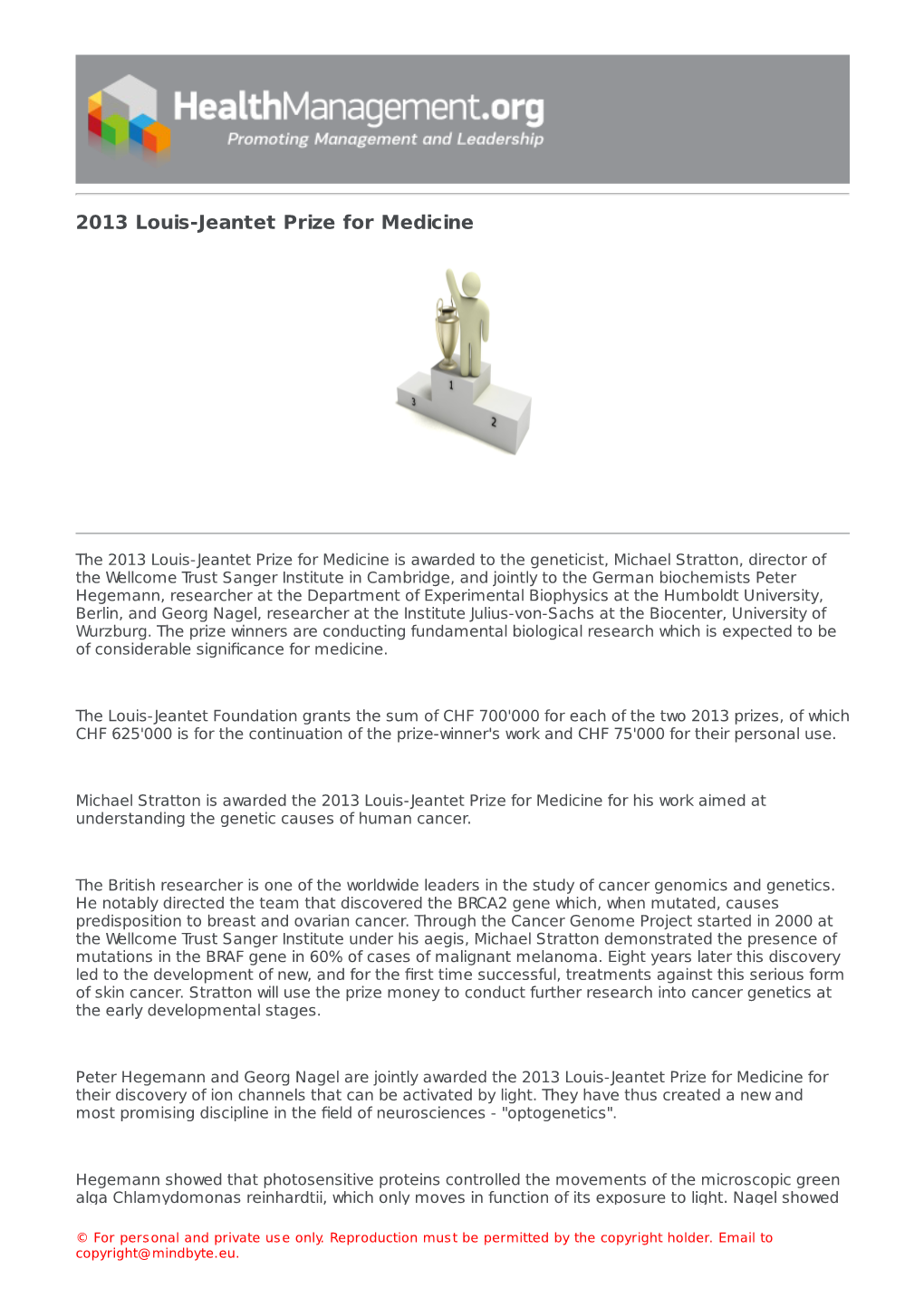 2013 Louis-Jeantet Prize for Medicine