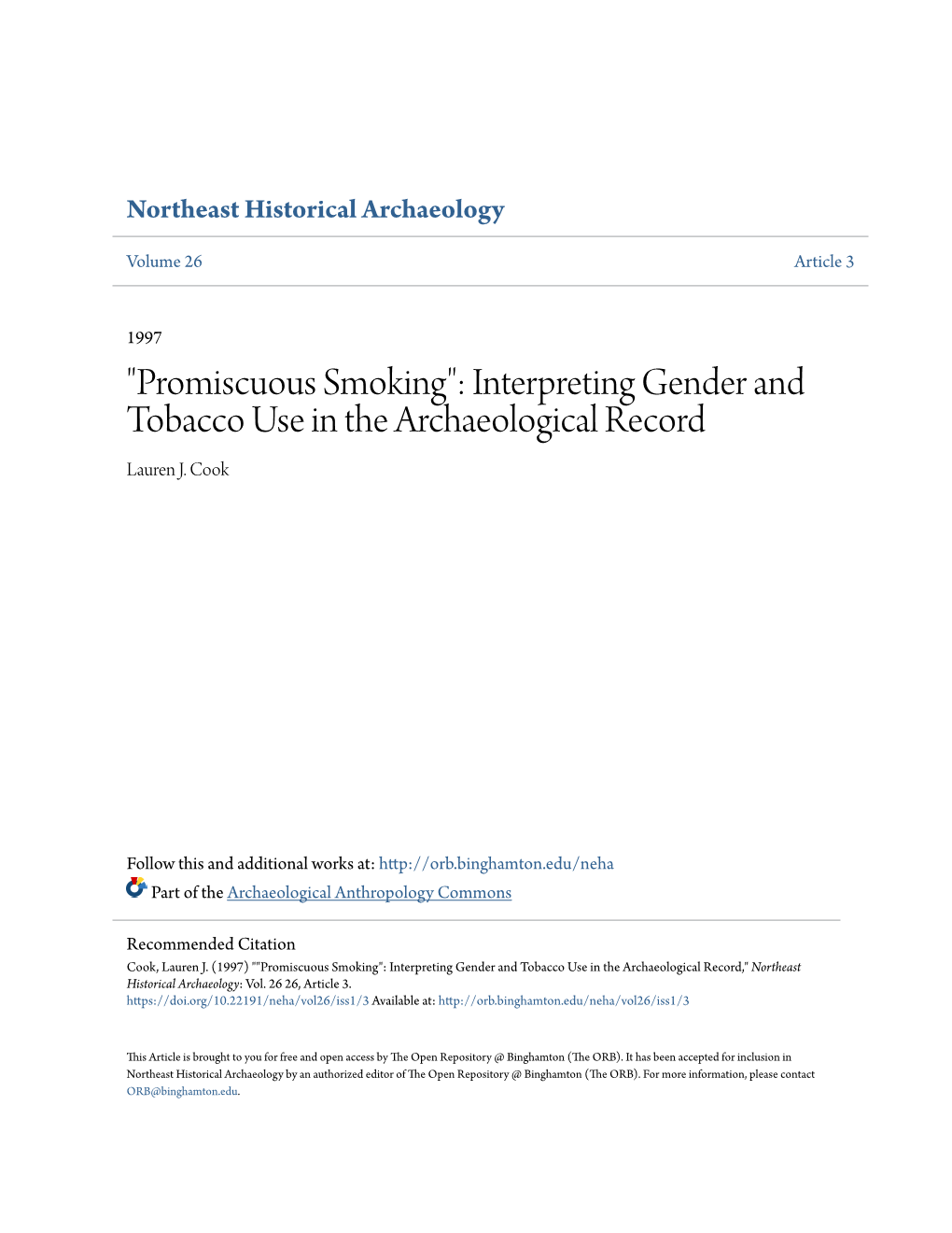 Promiscuous Smoking": Interpreting Gender and Tobacco Use in the Archaeological Record Lauren J
