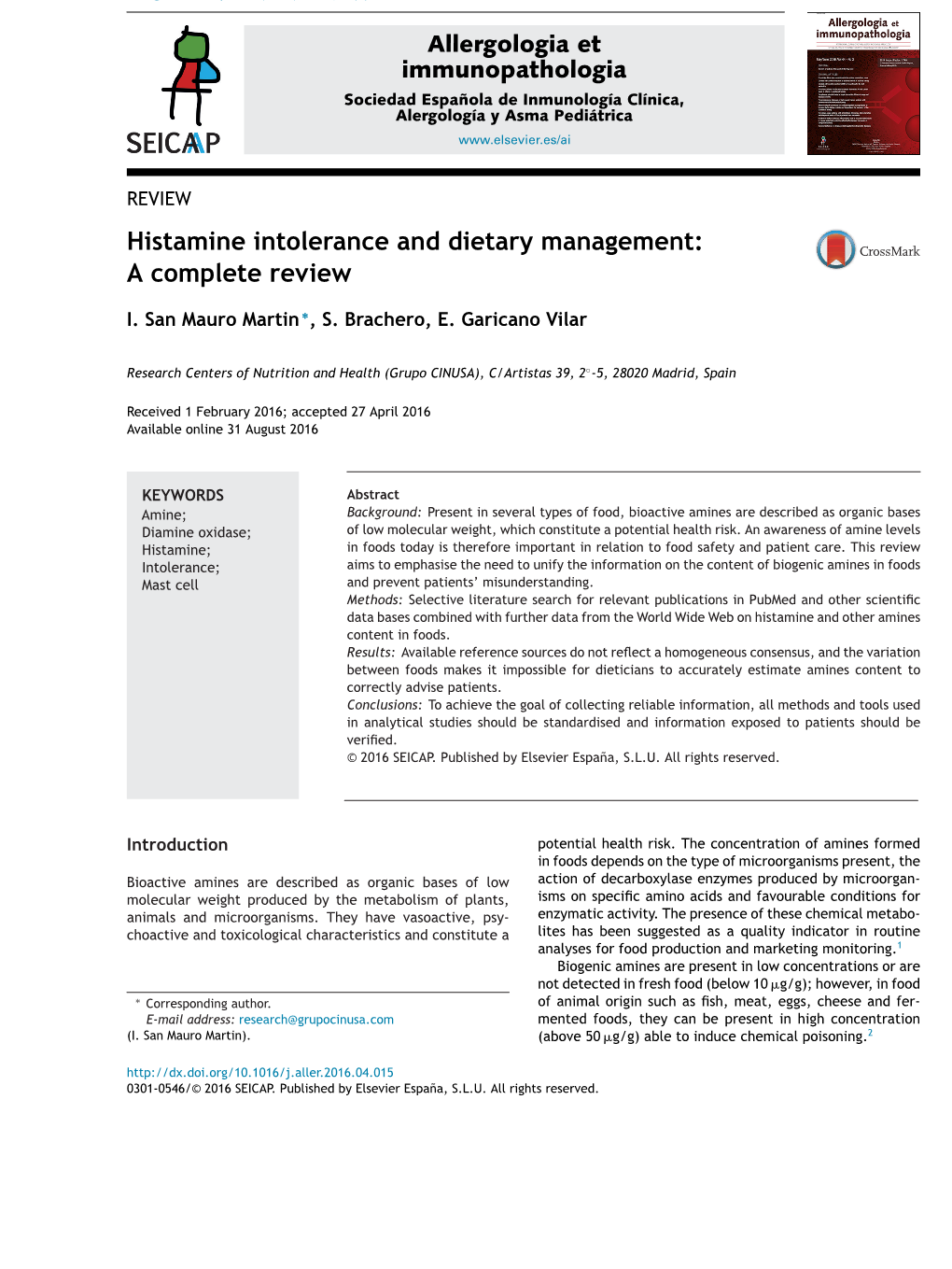 Histamine Intolerance and Dietary Management: a Complete Review