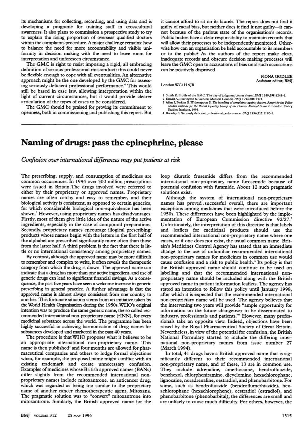 Naming Ofdrugs: Pass the Epinephrine, Please Confusion Over International Differences Mayputpatients at Risk