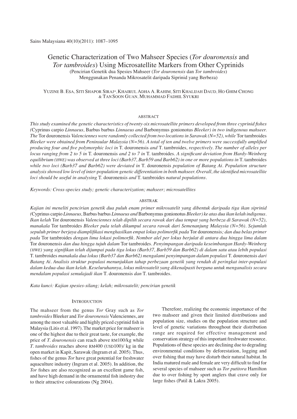 Genetic Characterization of Two Mahseer Species (Tor Douronensis