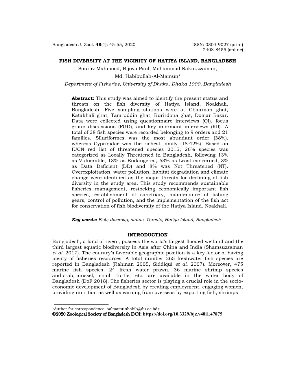 FISH DIVERSITY at the VICINITY of HATIYA ISLAND, BANGLADESH Sourav Mahmood, Bijoya Paul, Mohammad Raknuzzaman