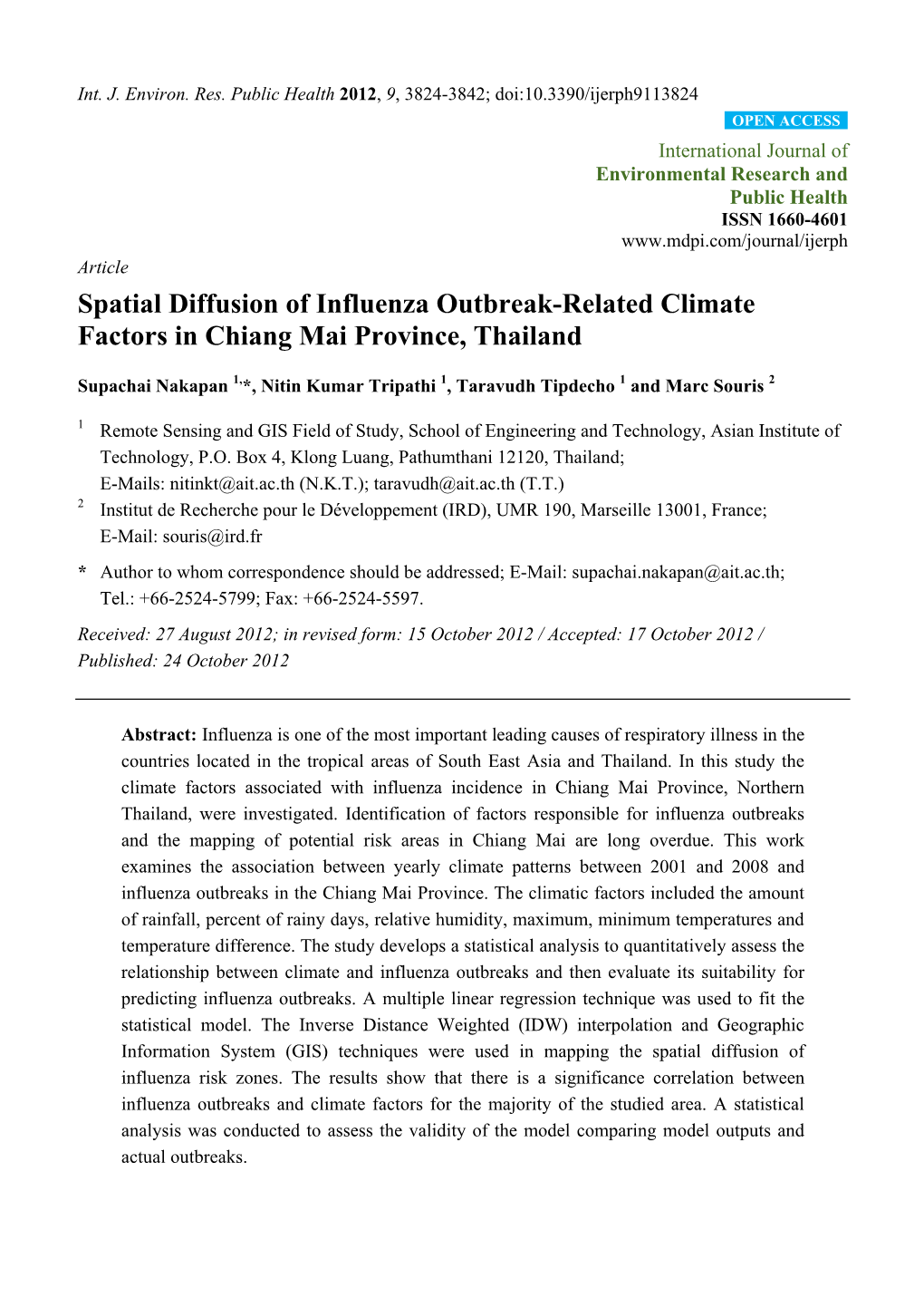 Spatial Diffusion of Influenza Outbreak-Related Climate Factors in Chiang Mai Province, Thailand