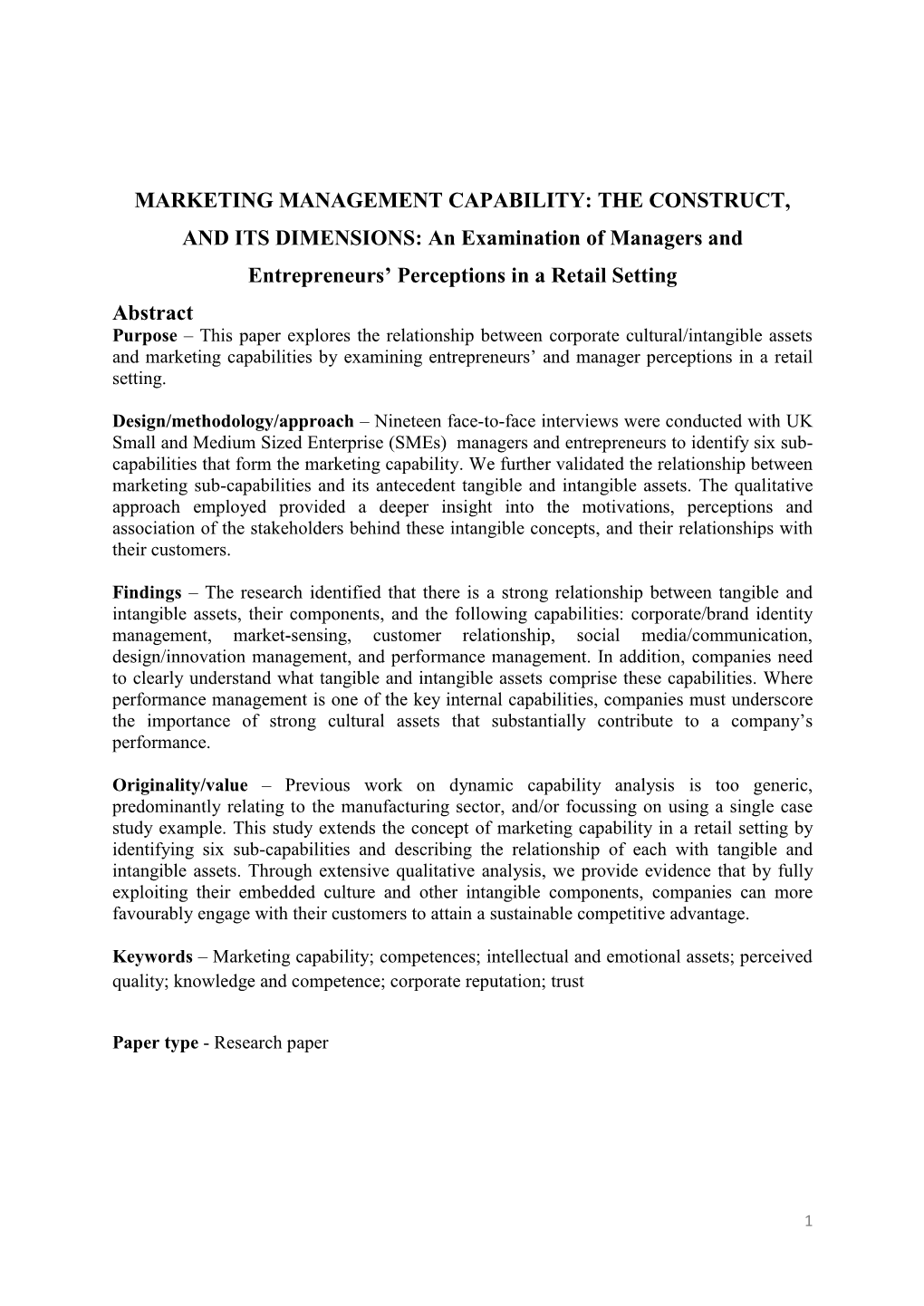 MARKETING MANAGEMENT CAPABILITY: the CONSTRUCT, and ITS DIMENSIONS: an Examination of Managers and Entrepreneurs' Perceptions