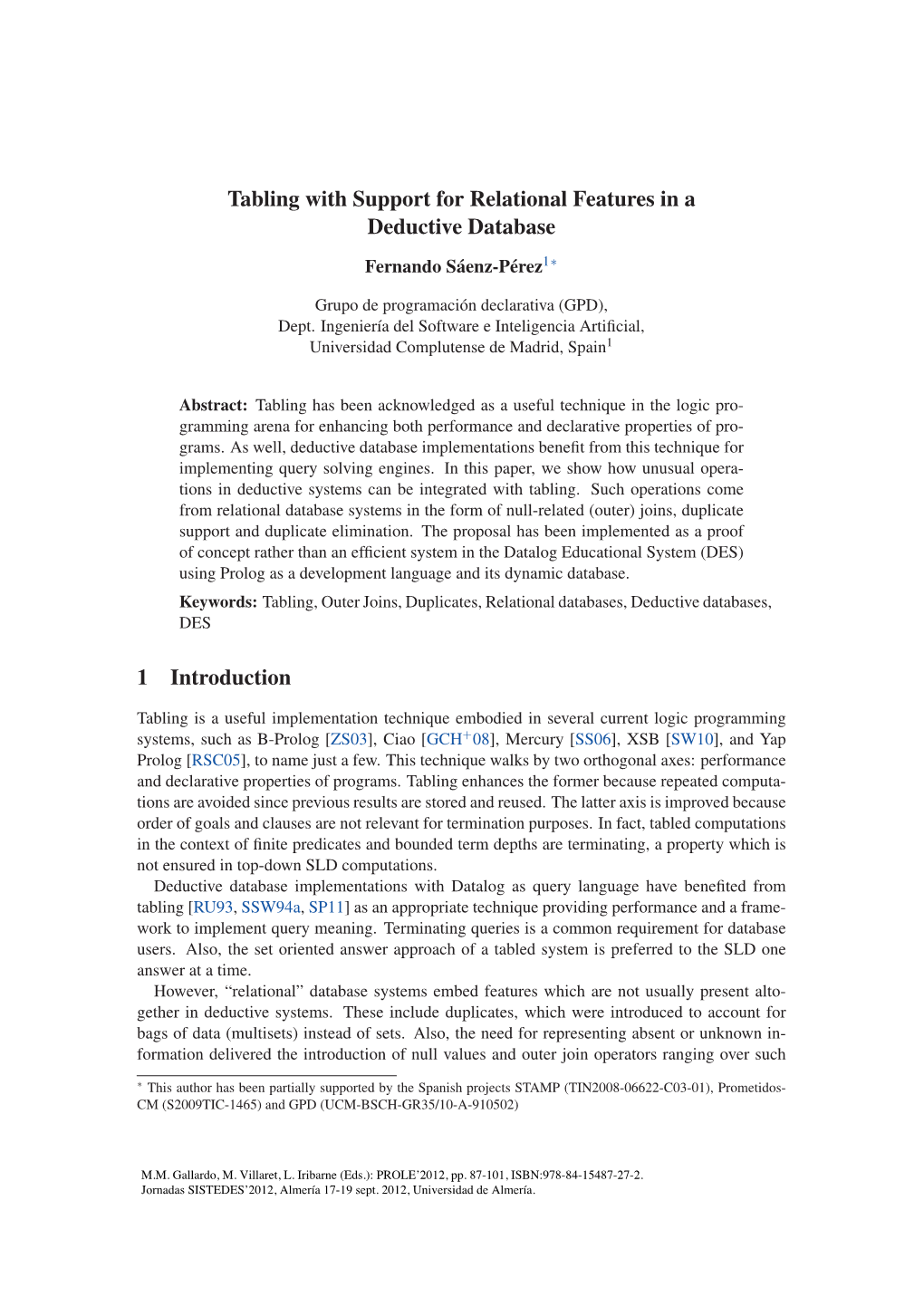 Tabling with Support for Relational Features in a Deductive Database 1 Introduction