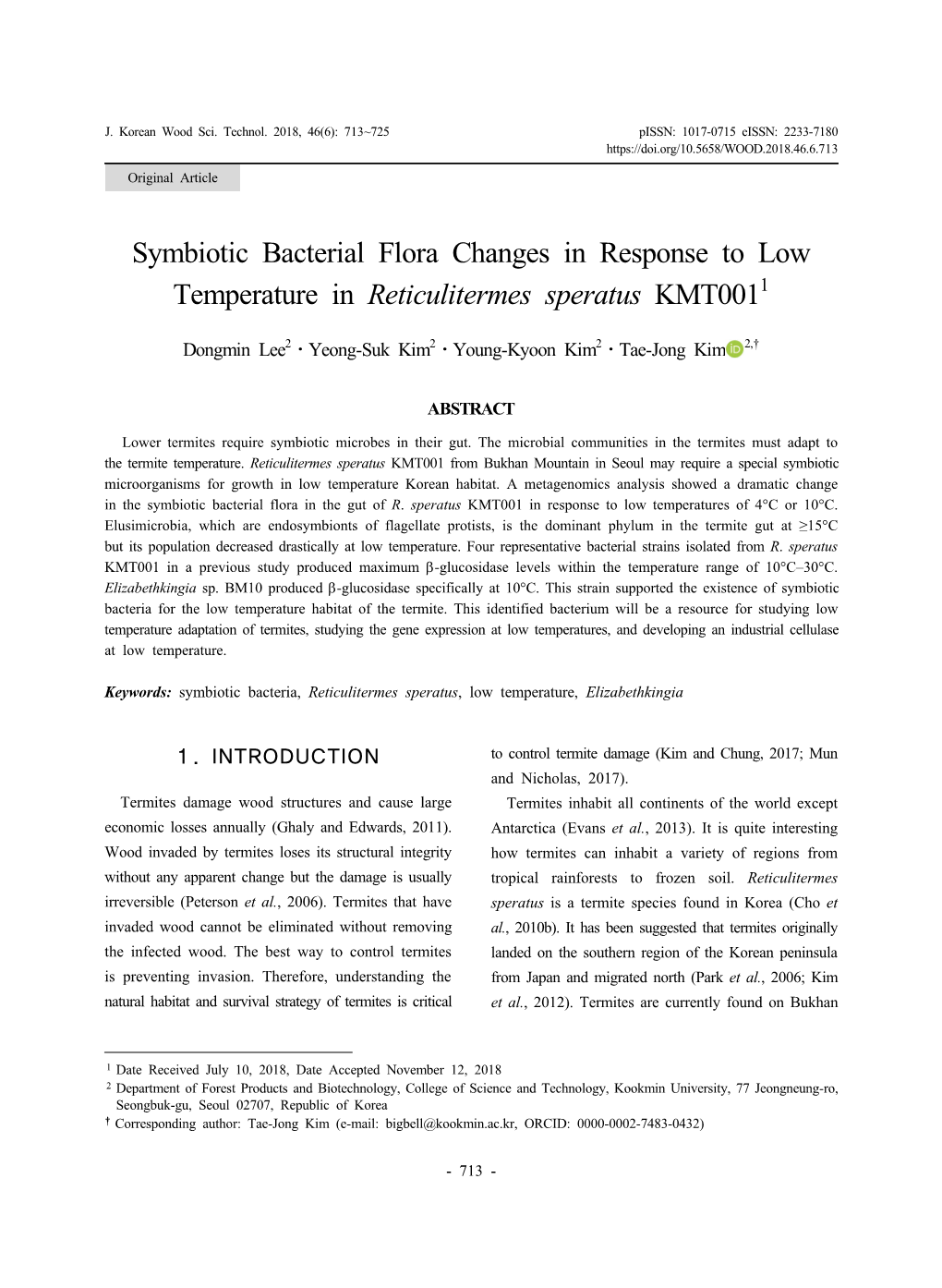 Symbiotic Bacterial Flora Changes in Response to Low Temperature in Reticulitermes Speratus KMT0011