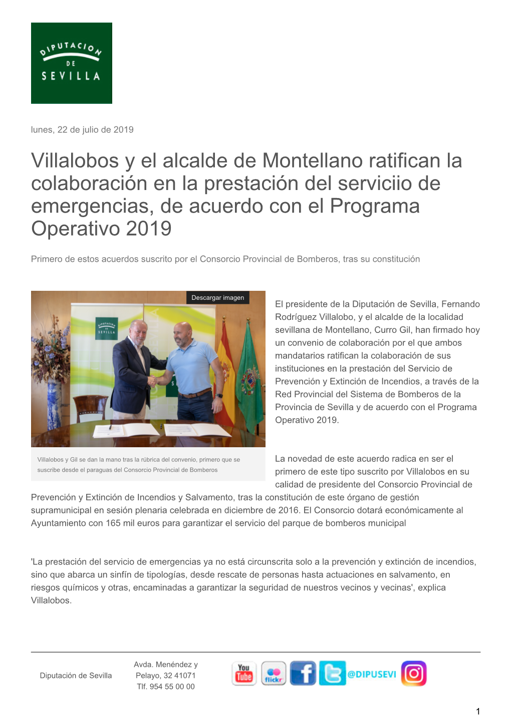 Villalobos Y El Alcalde De Montellano Ratifican La Colaboración En La Prestación Del Serviciio De Emergencias, De Acuerdo Con El Programa Operativo 2019