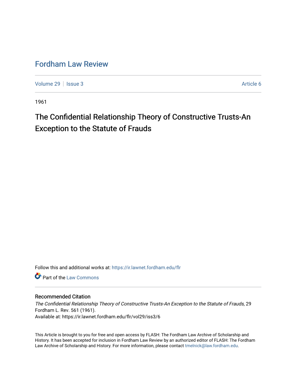 The Confidential Relationship Theory of Constructive Trusts-An Exception to the Statute of Frauds