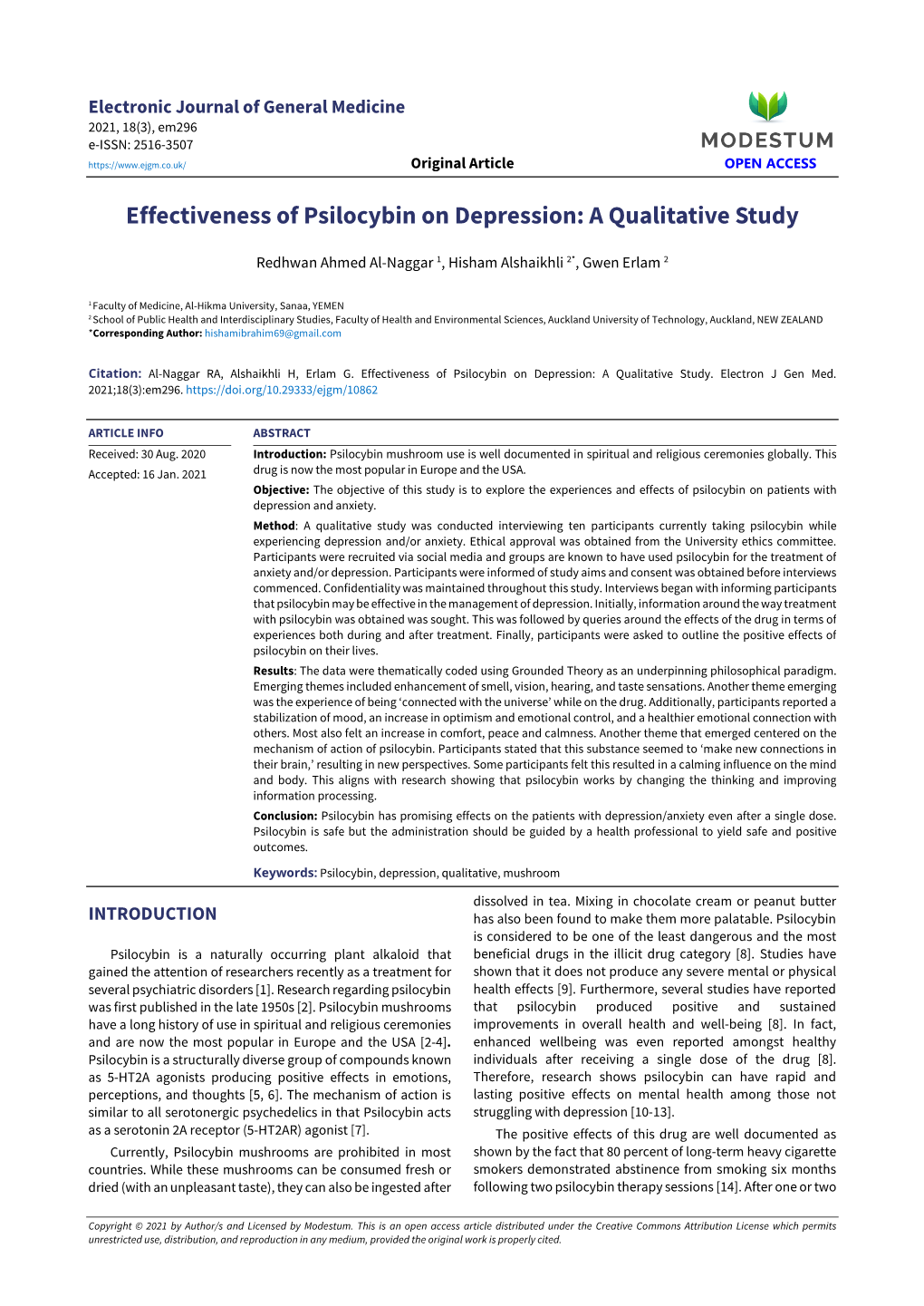Effectiveness of Psilocybin on Depression: a Qualitative Study